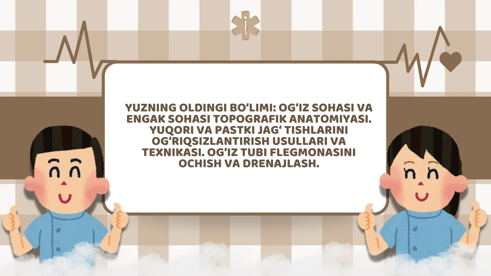 Yuzning oldingi bo‘limi: og‘iz sohasi va engak sohasi topografik anatomiyasi. Yuqori va pastki jag‘ tishlarini og‘riqsizlantirish usullari va texnikasi. Og‘iz tubi flegmonasini ochish va drenajlash.