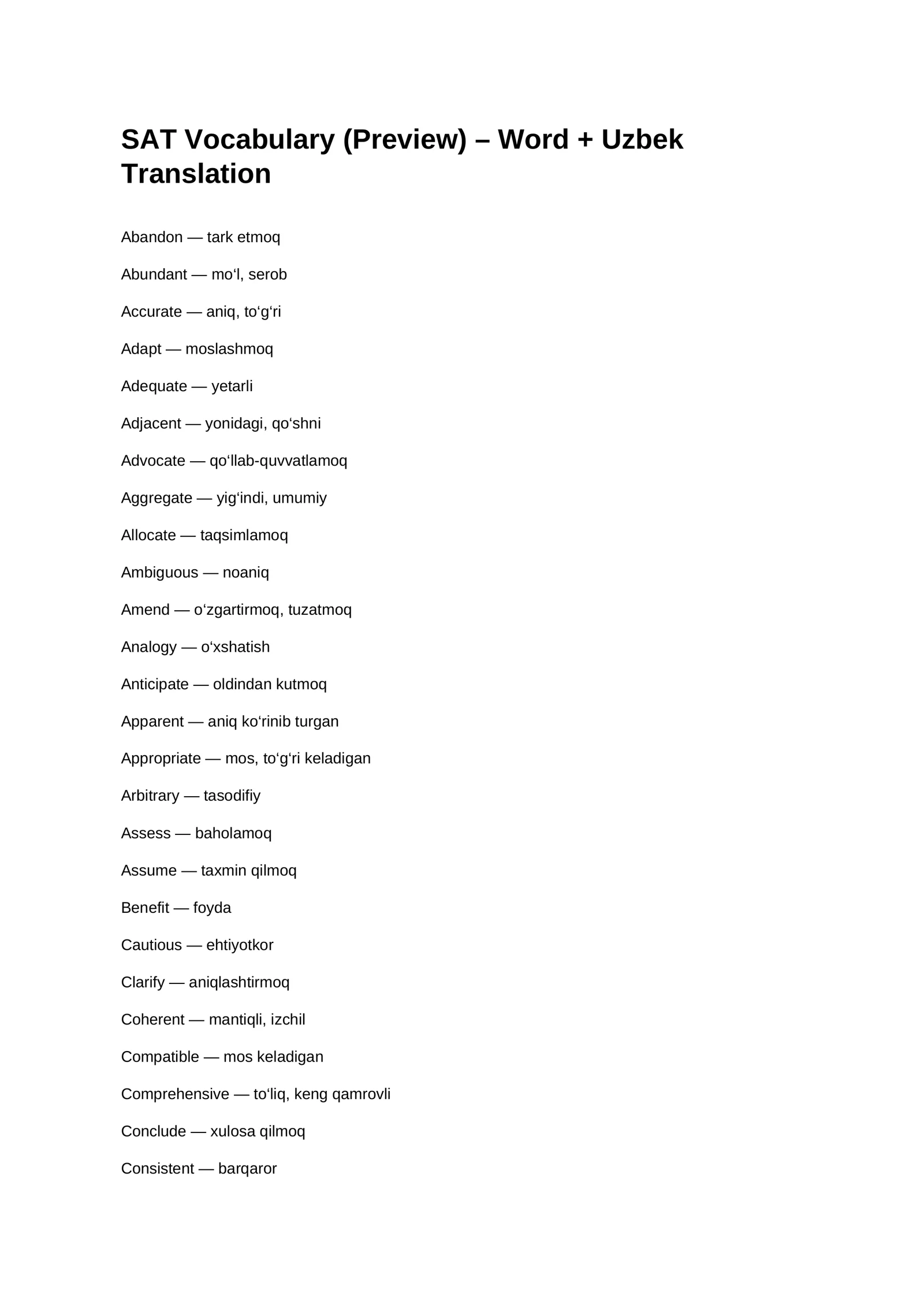 SAT Vocabulary (Preview) – Word + Uzbek Translation