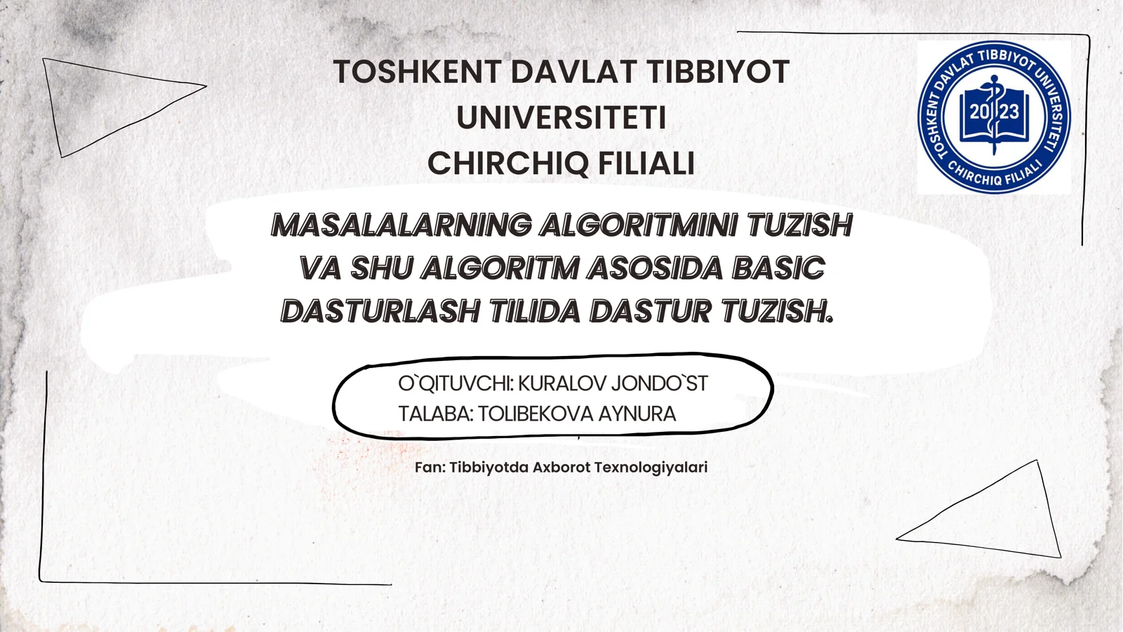 Masalalarning algoritmini tuzish va shu algoritm asosida Basic dasturlash tilida dastur tuzish.