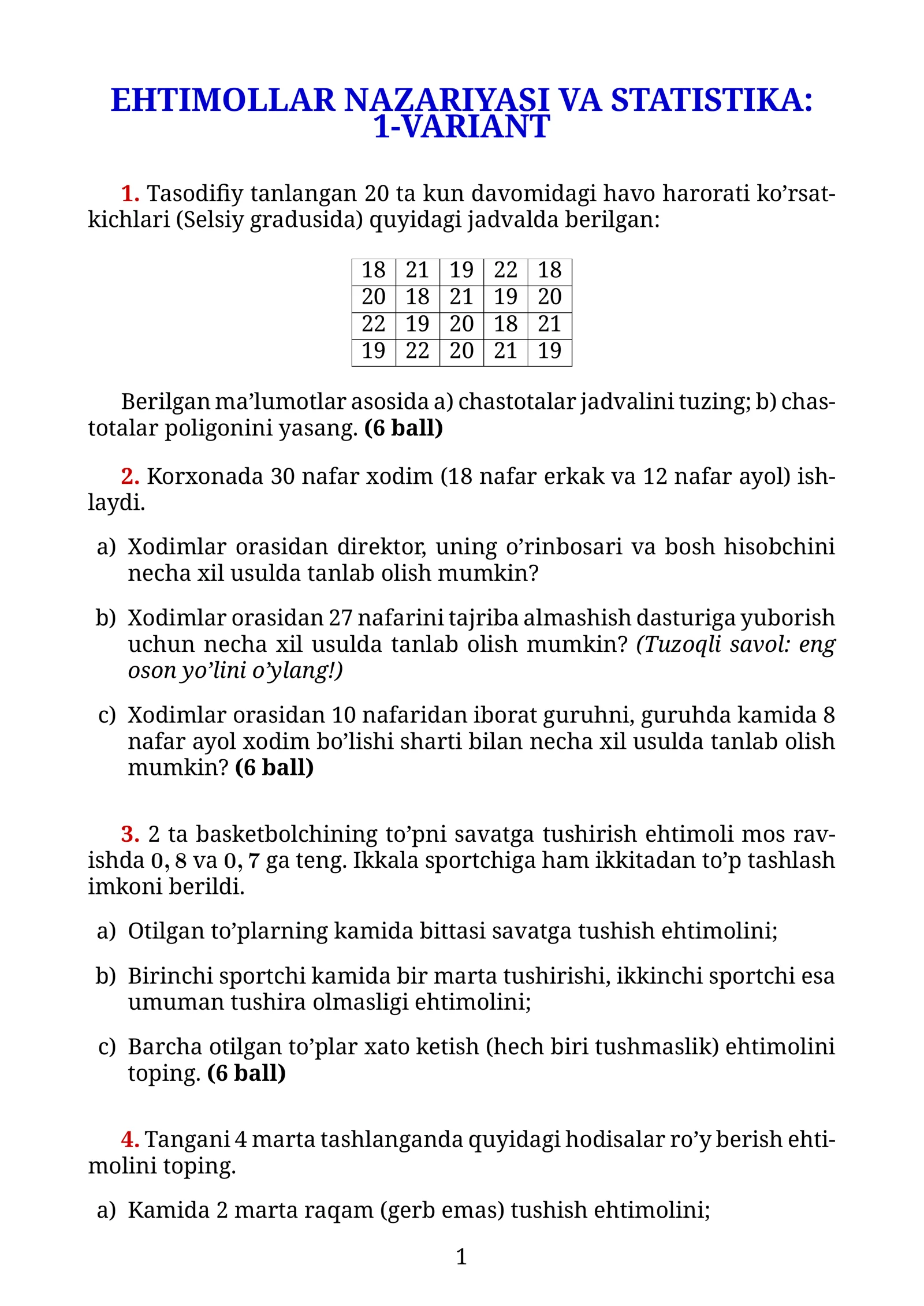 EHTIMOLLAR NAZARIYASI VA STATISTIKA: 1-VARIANT
