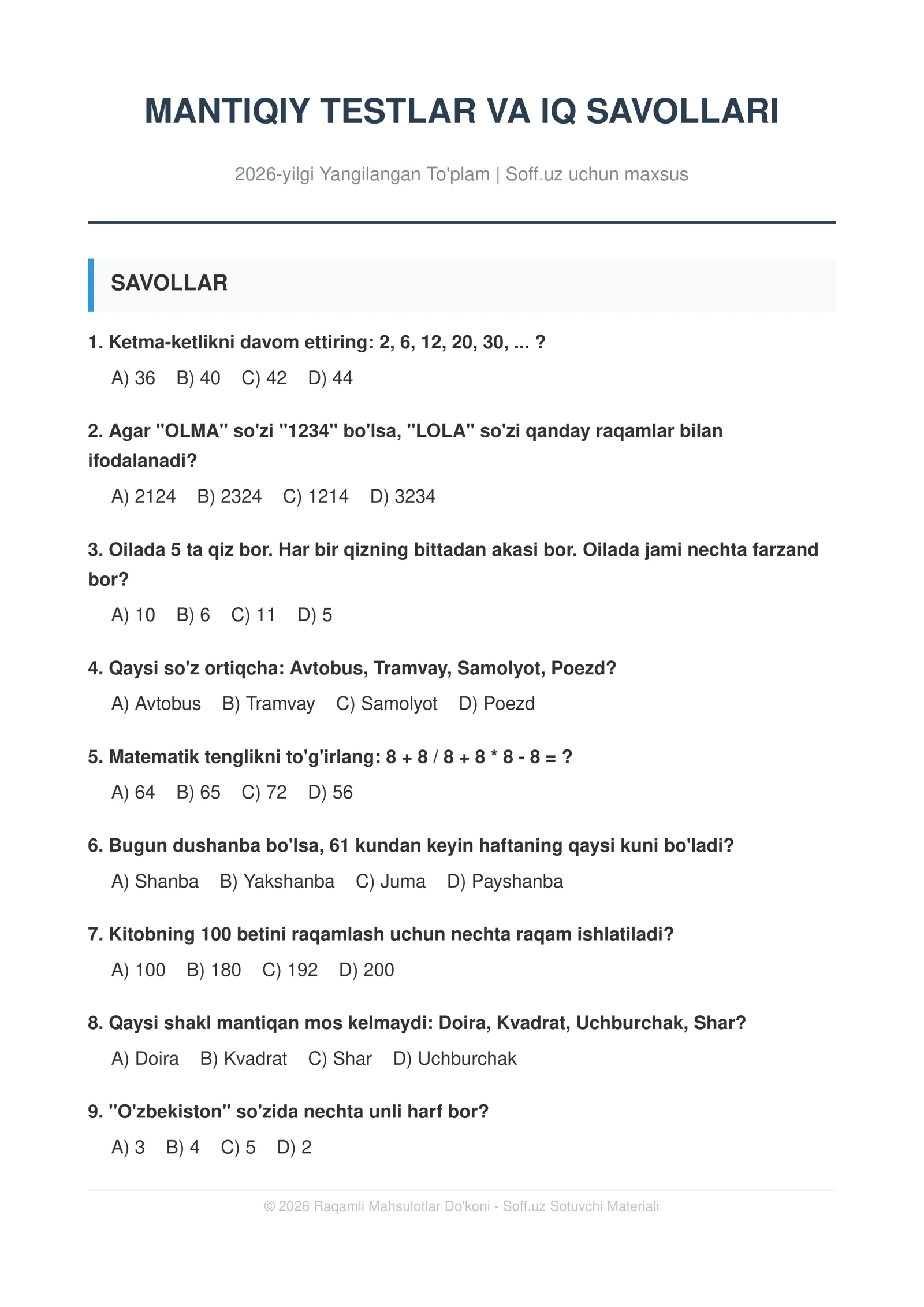 MANTIQIY TESTLAR VA IQ SAVOLLARI