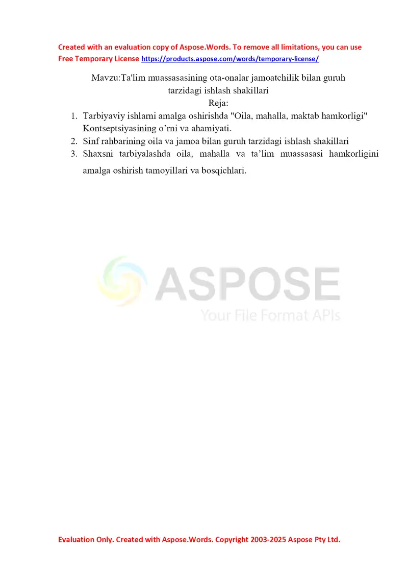 Ta'lim muassasasining ota-onalar jamoatchilik bilan guruh tarzidagi ishlash shakillari