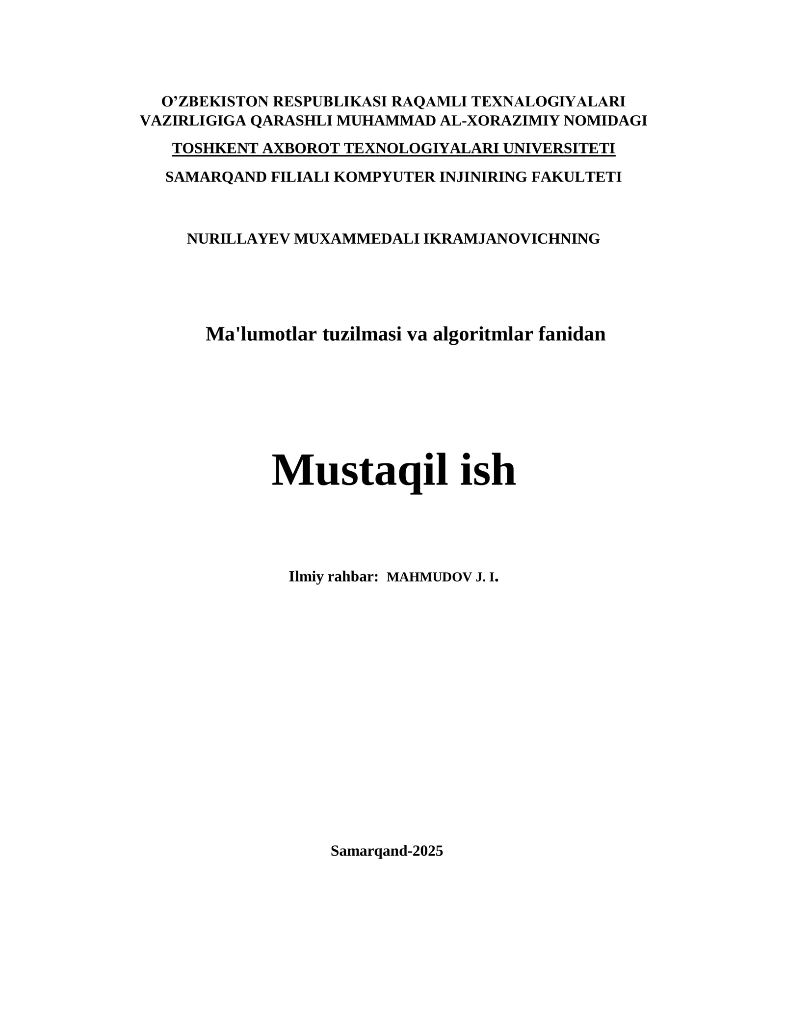 Ma'lumotlar tuzilmasi va algoritmlar fanidan Mustaqil ish