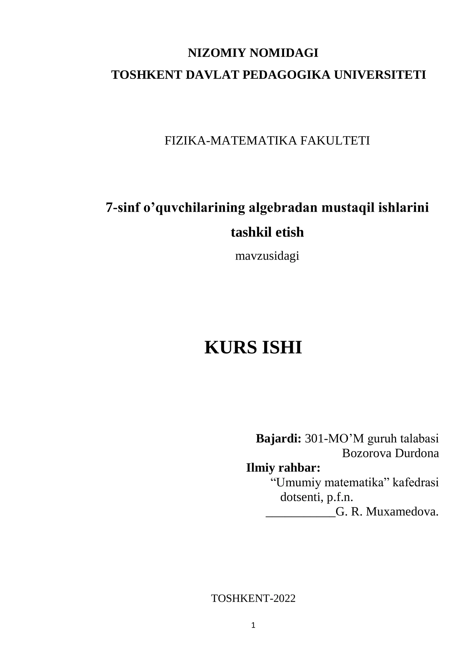 7-sinf o’quvchilarining algebradan mustaqil ishlarini tashkil etish