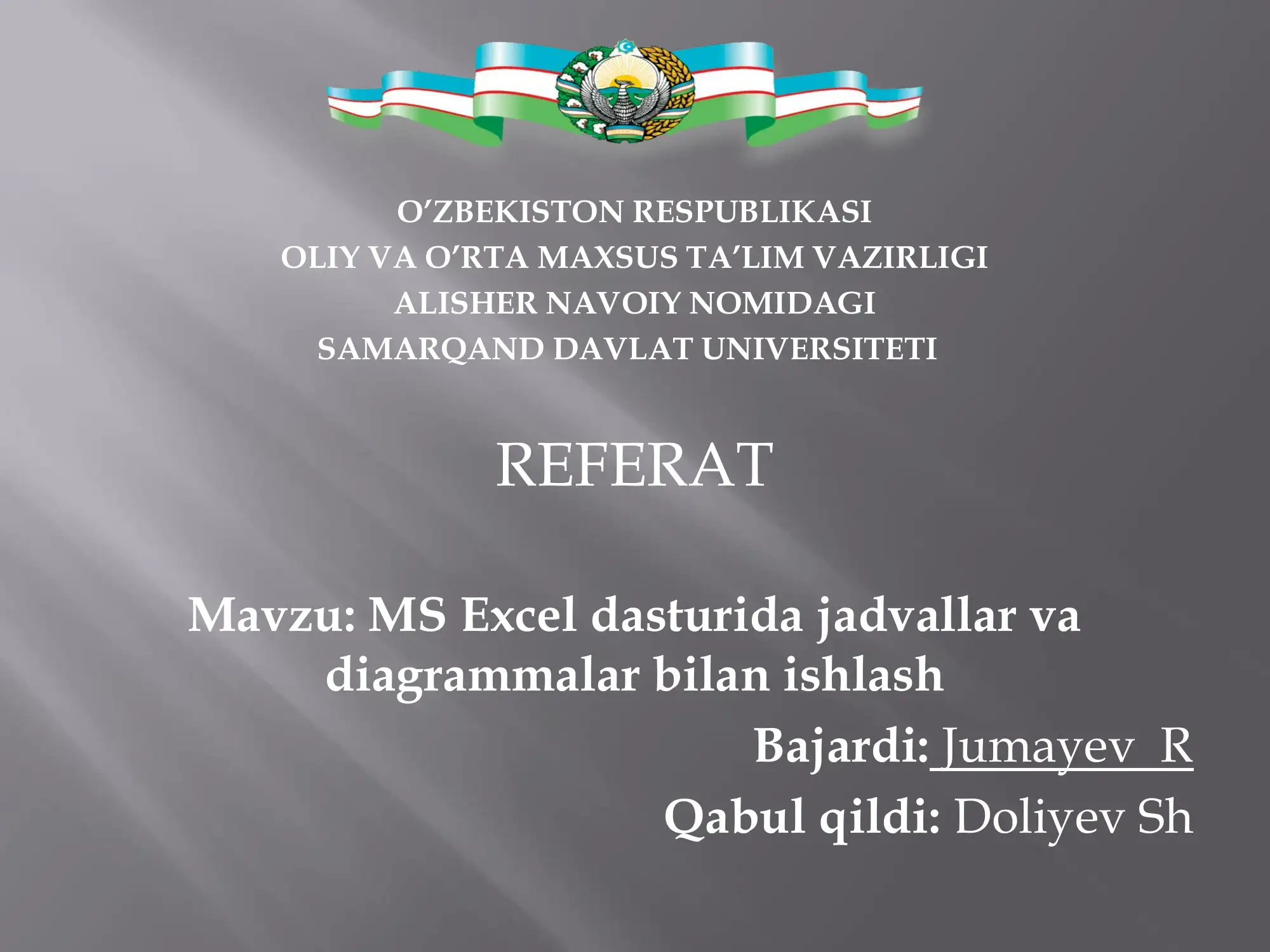 MS Excel dasturida jadvallar va diagrammalar bilan ishlash