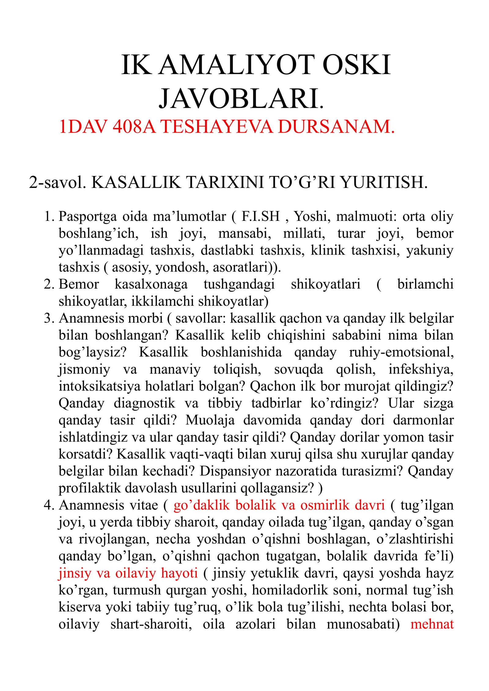 Ichki kasalliklar amaliyot oski javobi