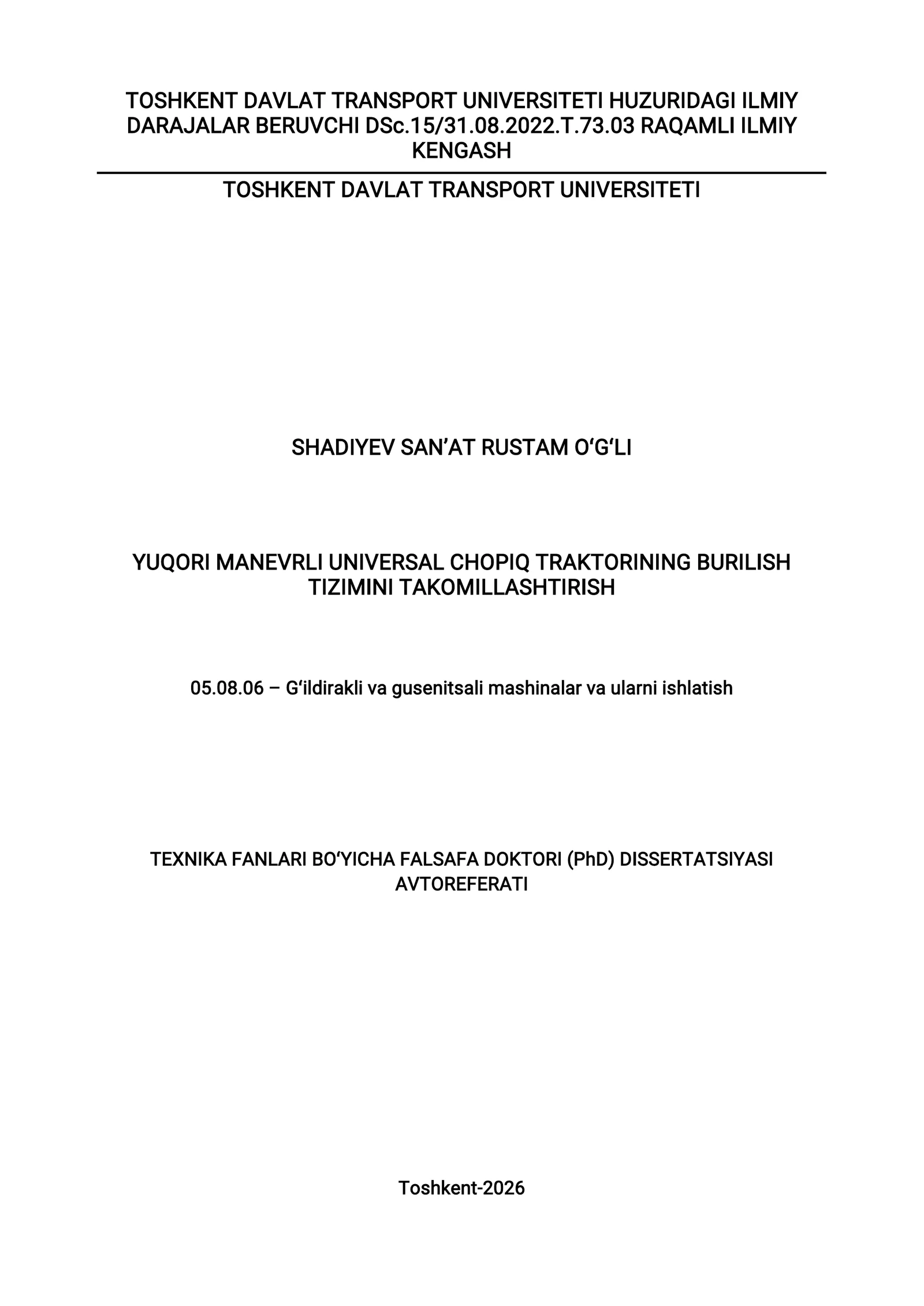 Yuqori manevrli universal chopiq traktorining burilish tizimini takomillashtirish