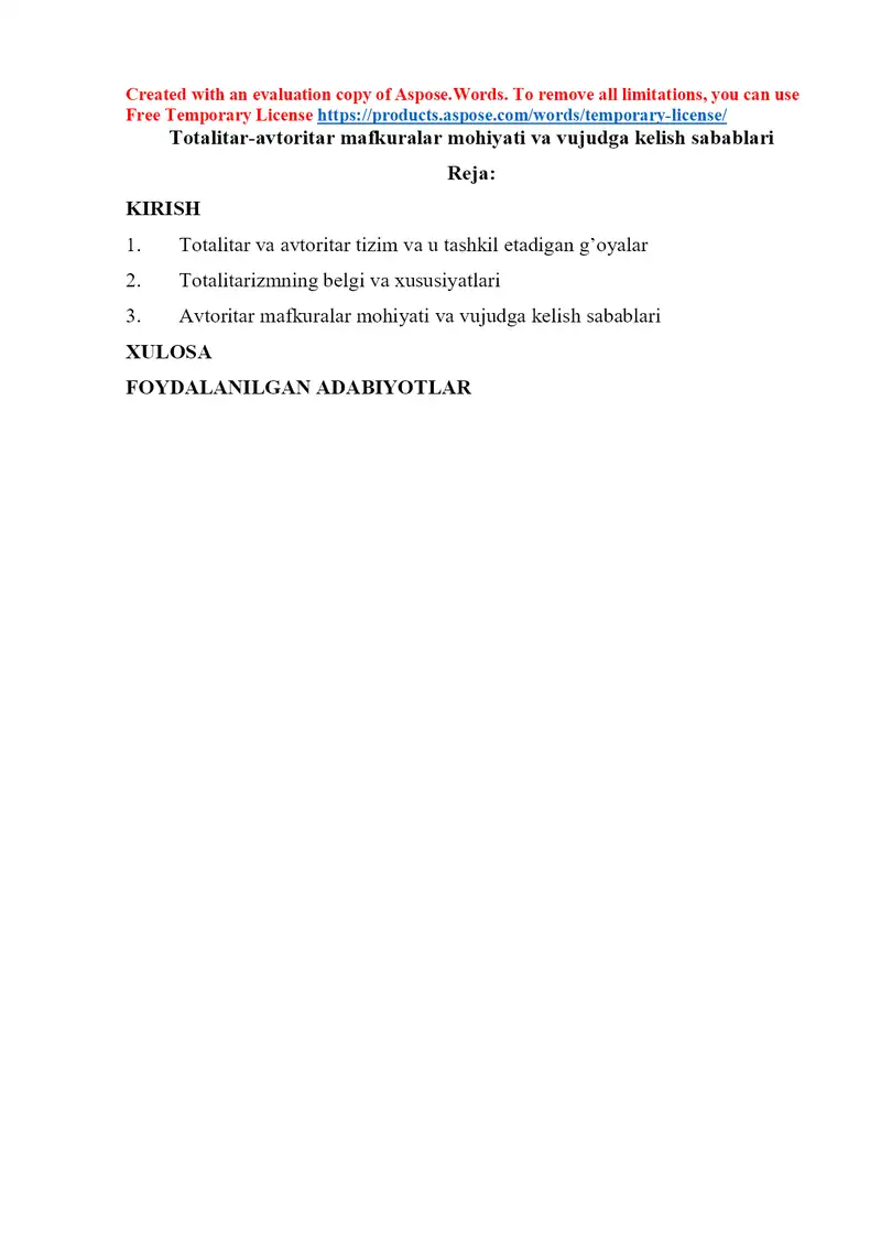 Totalitar-avtoritar mafkuralar mohiyati va vujudga kelish sabablari