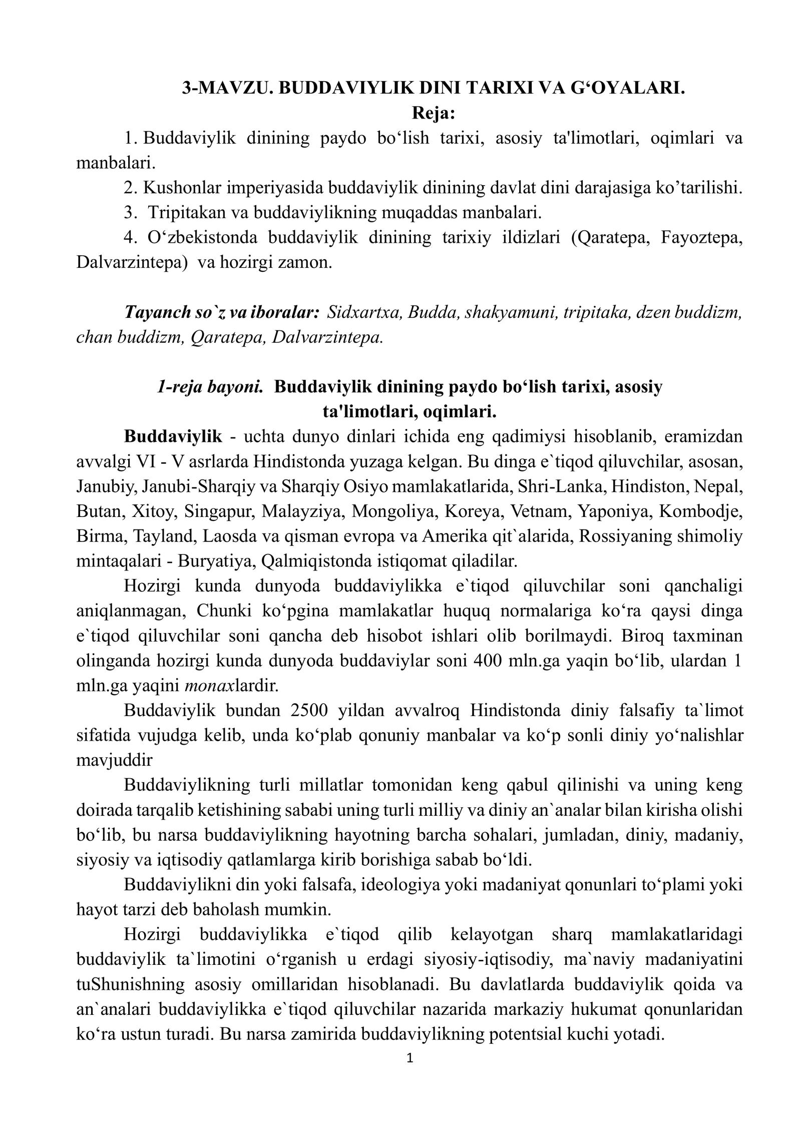 BUDDAVIYLIK DINI TARIXI VA G‘OYALARI
