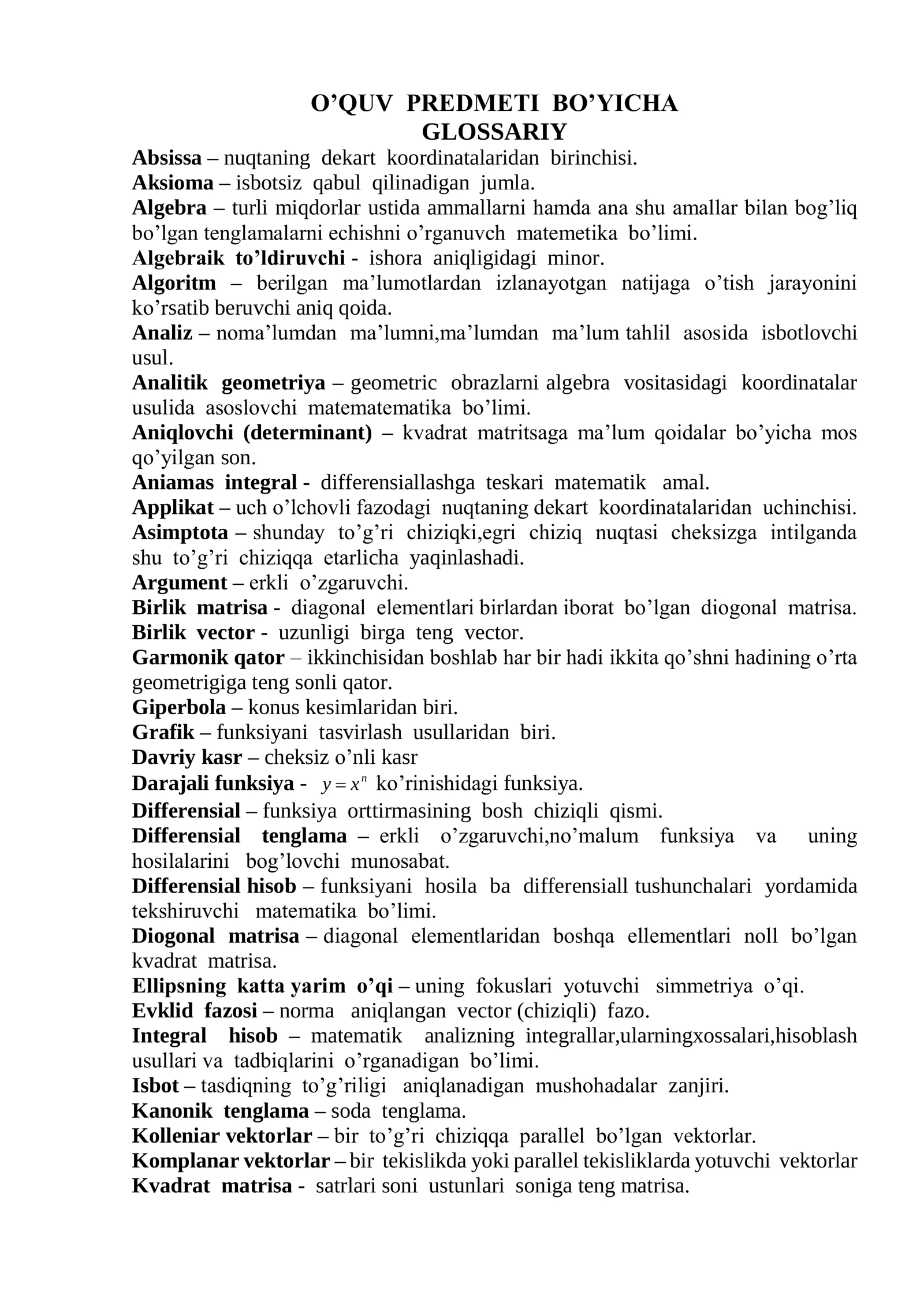 O’QUV PREDMETI BO’YICHA GLOSSARIY