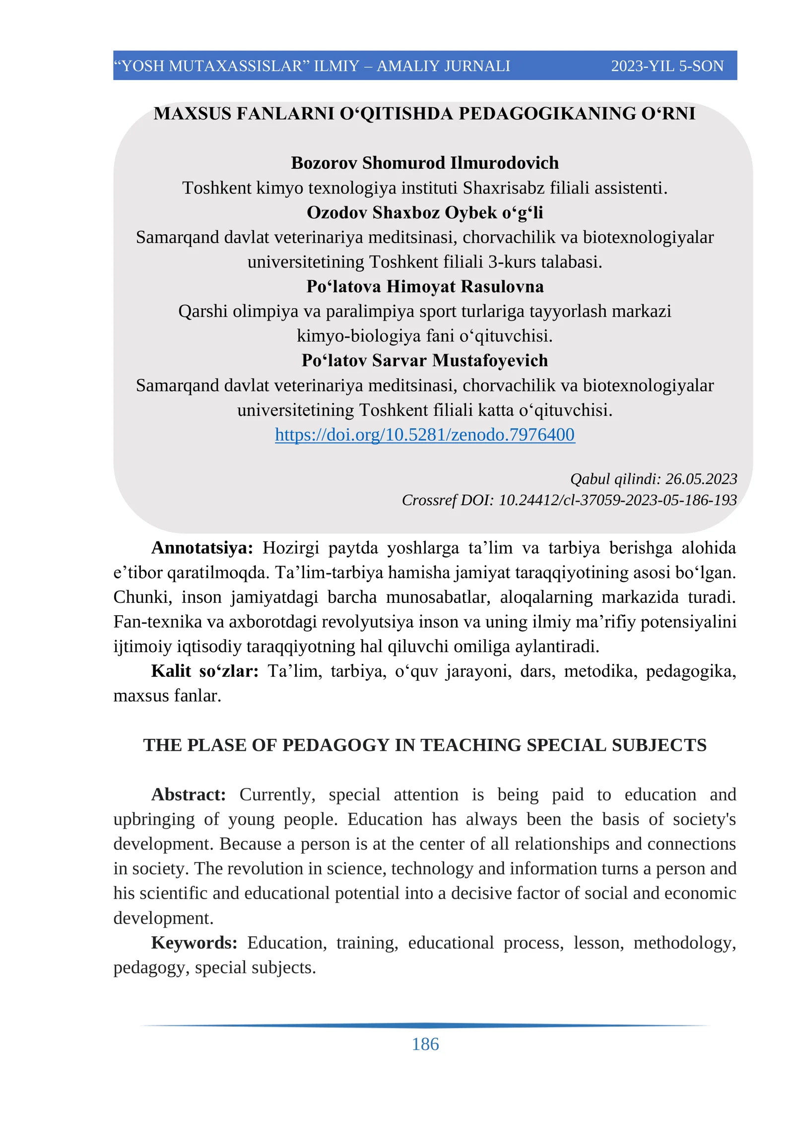 "YOSH MUTAXASSISLAR" ILMIY – AMALIY JURNALI 2023-YIL 5-SON