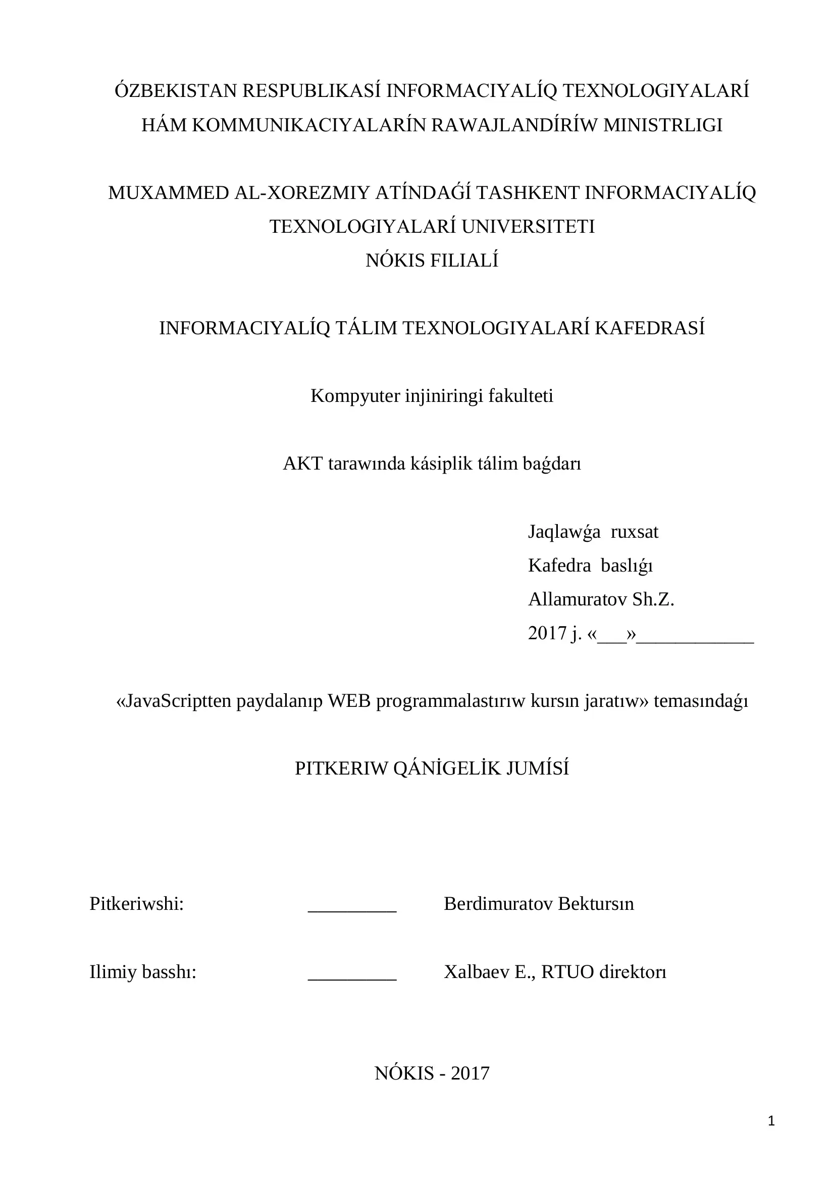 JavaScriptten paydalanıp WEB programmalastırıw kurs