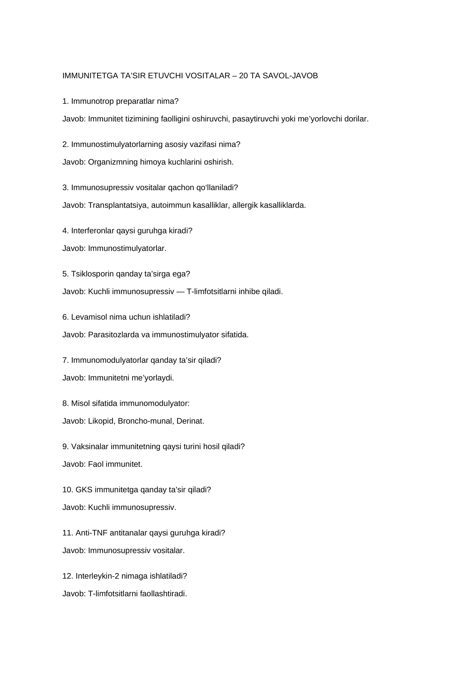 IMMUNITETGA TA’SIR ETUVCHI VOSITALAR