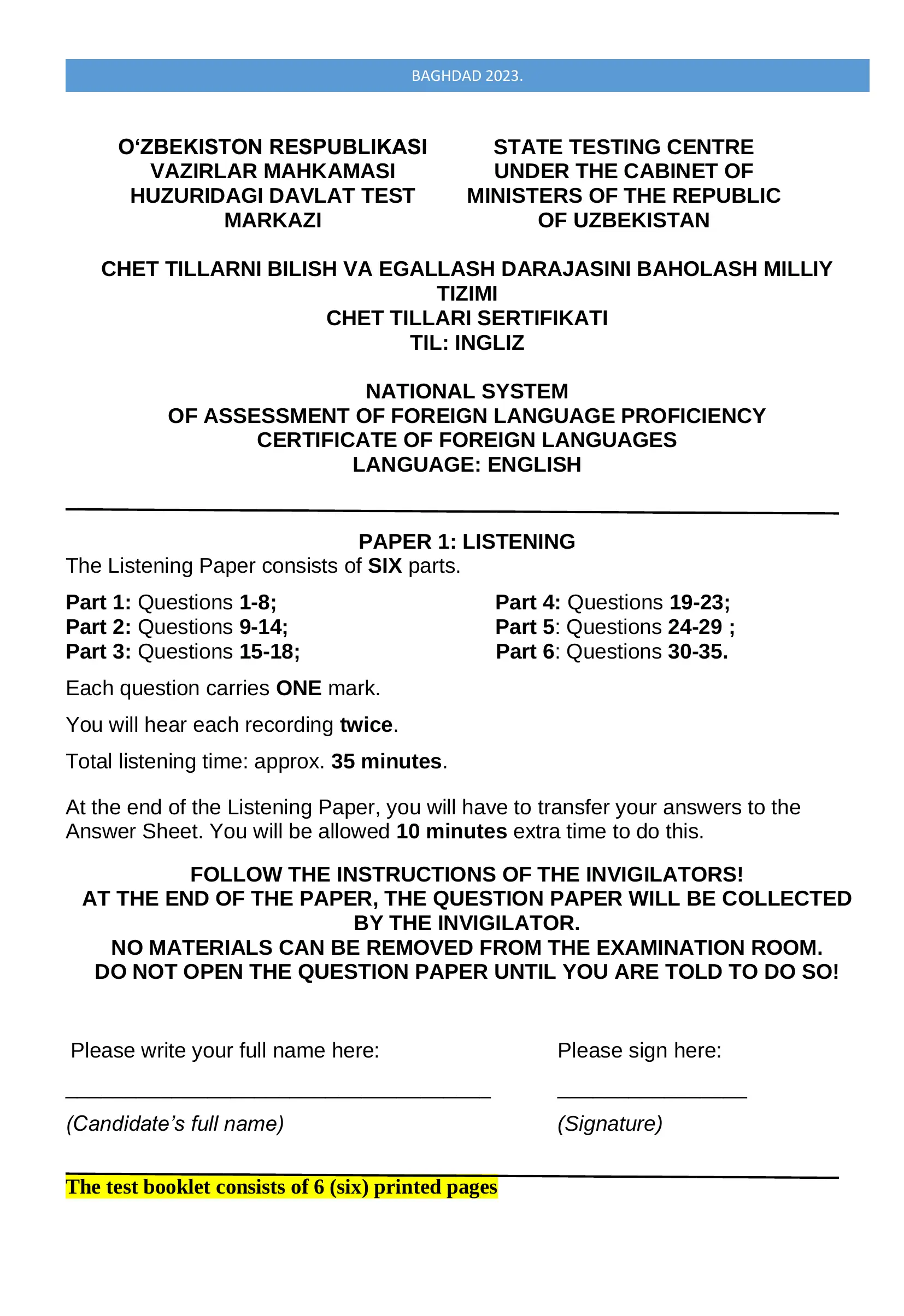 Multilevel real exam test (ingliztili) - Reading and Listening mock
