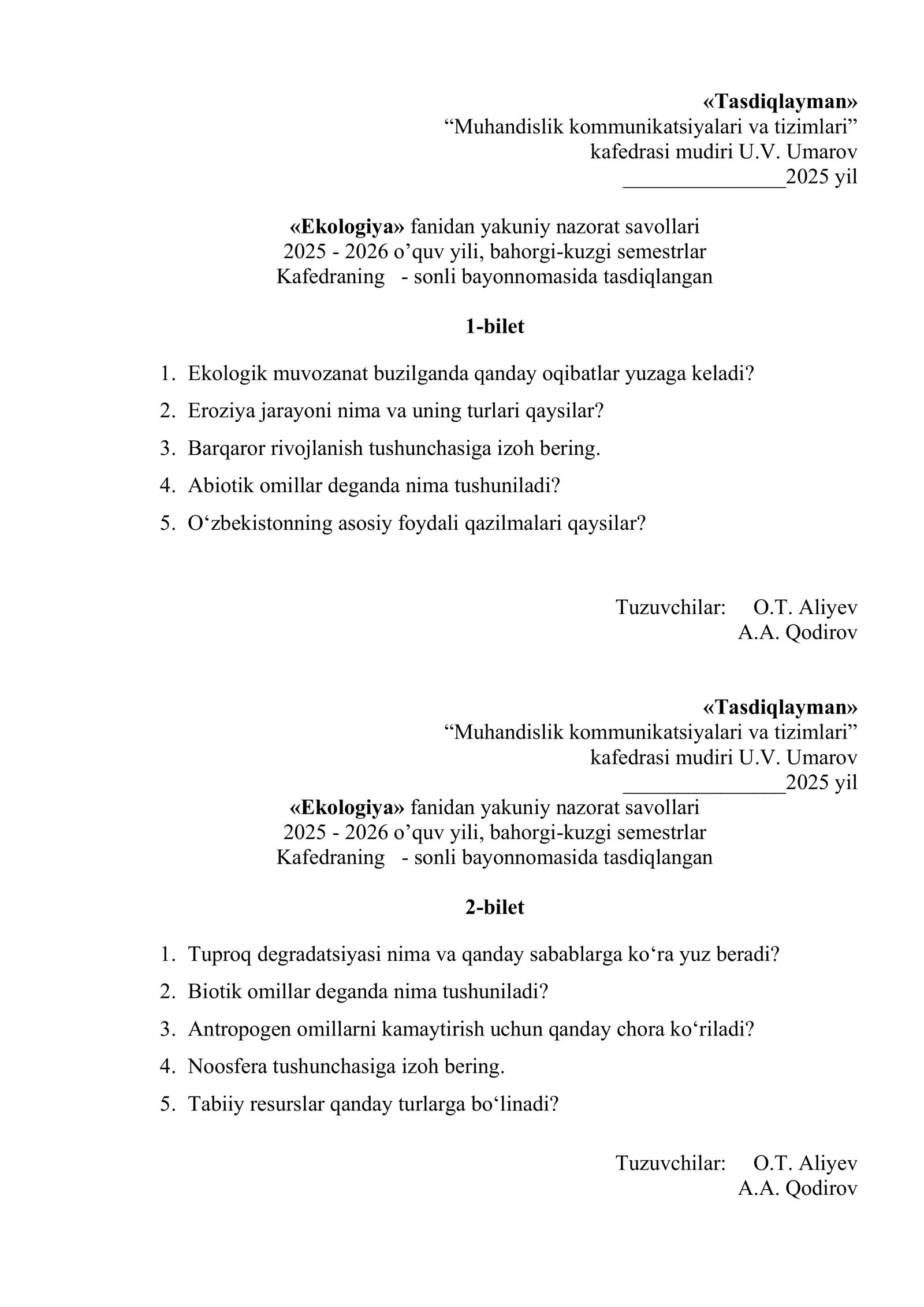 «Ekologiya» fanidan yakuniy nazorat savollari