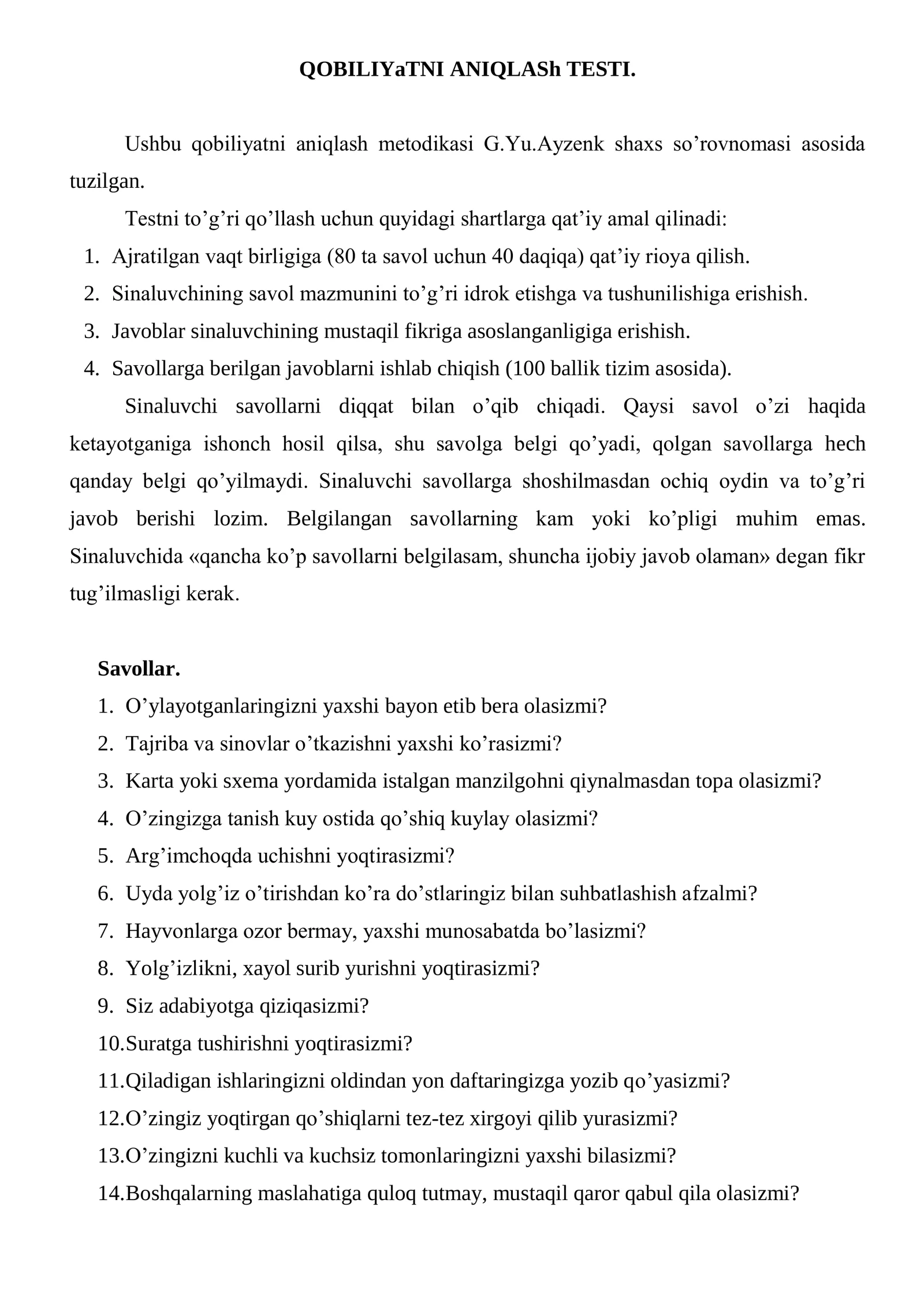 QOBILIYaTNI ANIQLASh TESTI