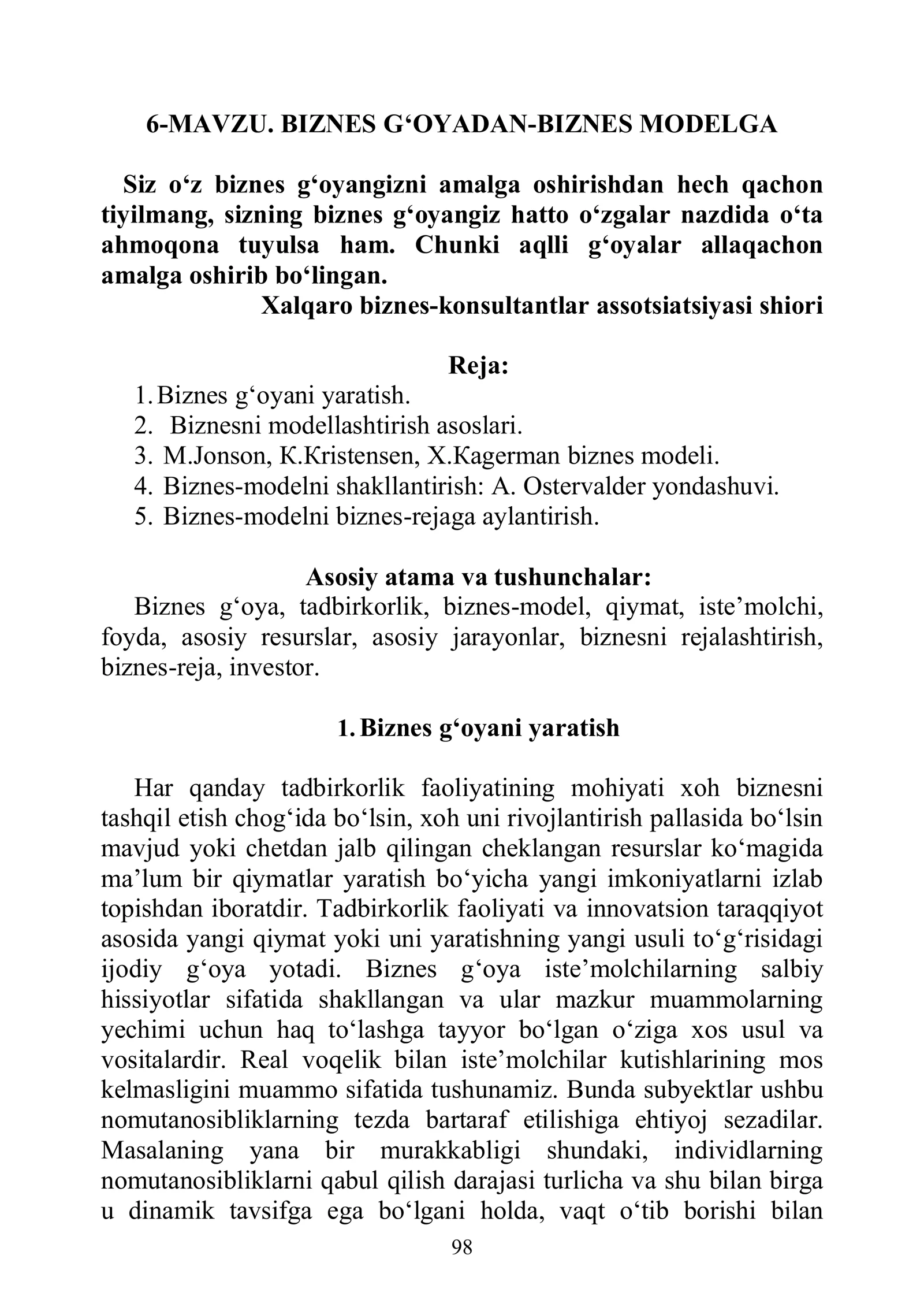 BIZNES G‘OYADAN-BIZNES MODELGA