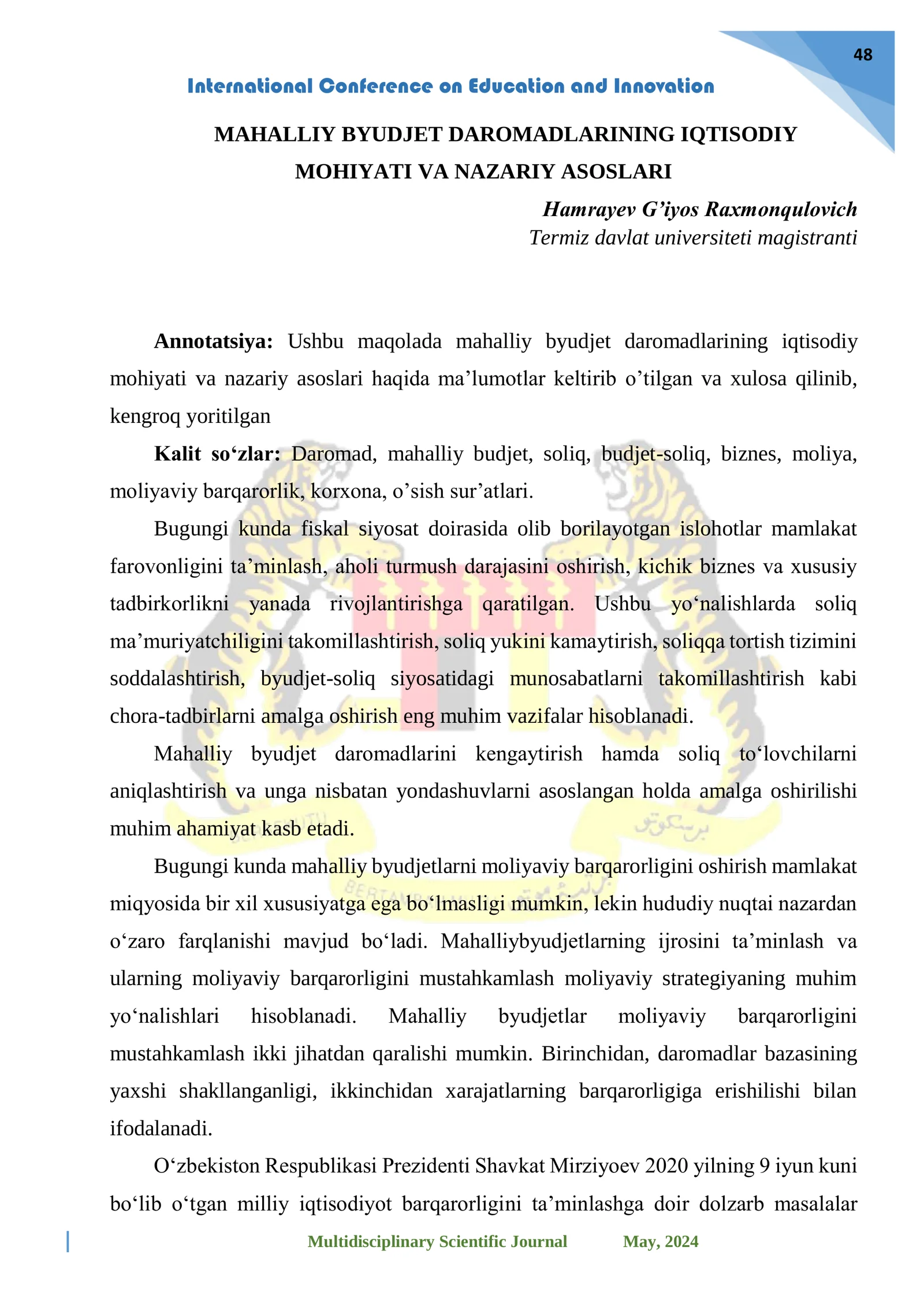 MAHALLIY BYUDJET DAROMADLARINING IQTISODIY MOHIYATI VA NAZARIY ASOSLARI