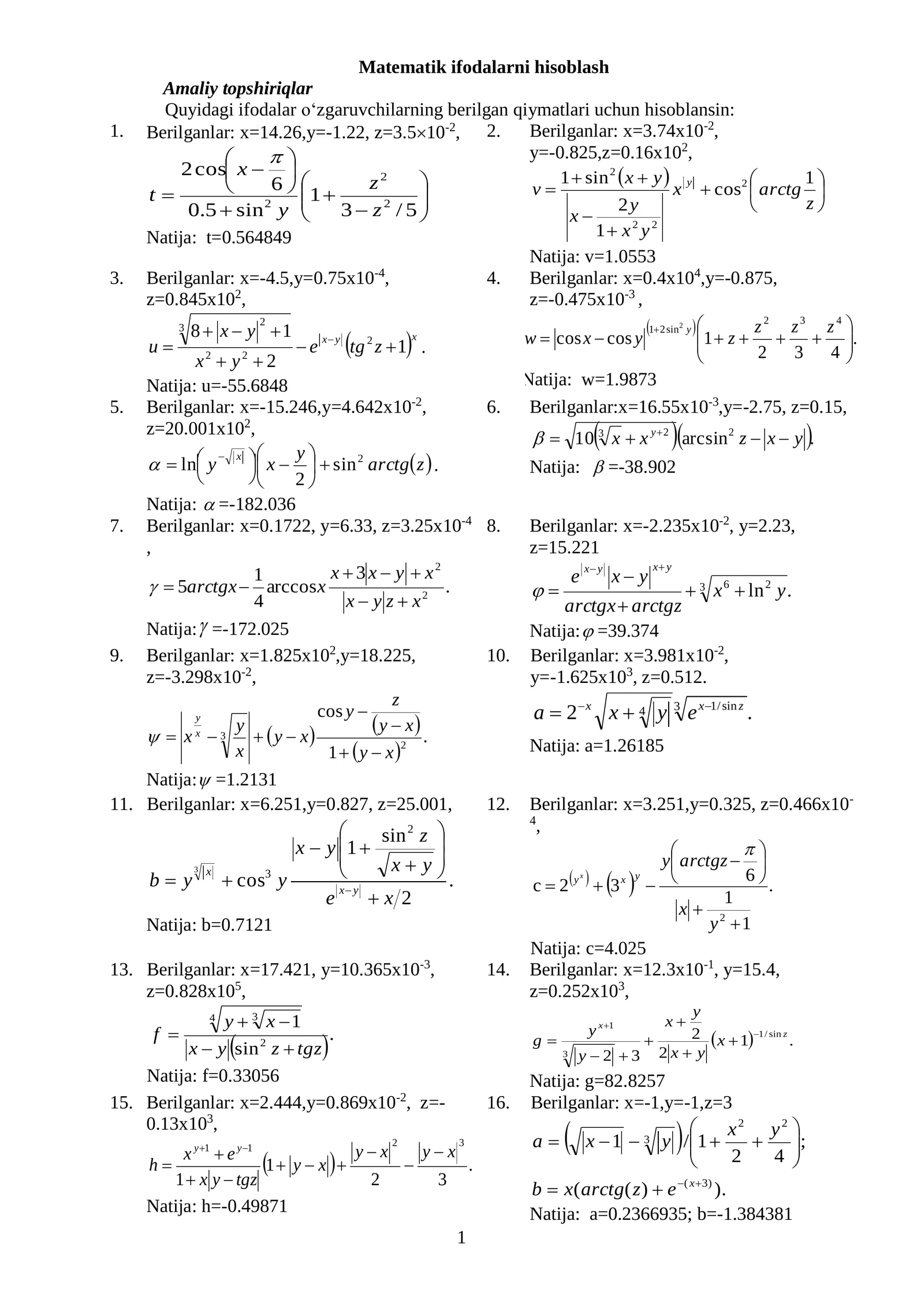 Matematik ifodalarni hisoblash