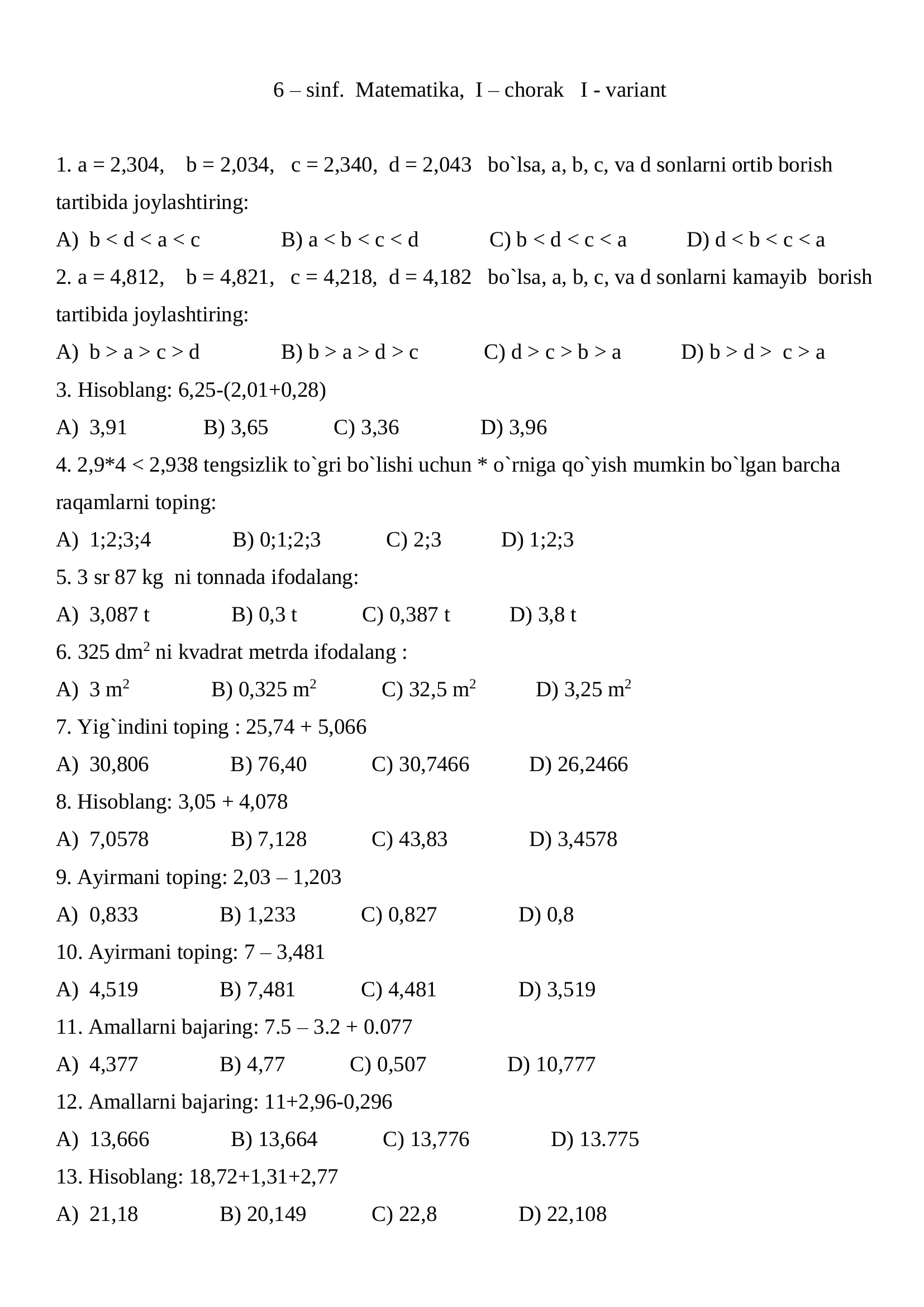 6-sinf Matematika Testlar – Barcha Choraklar PDF