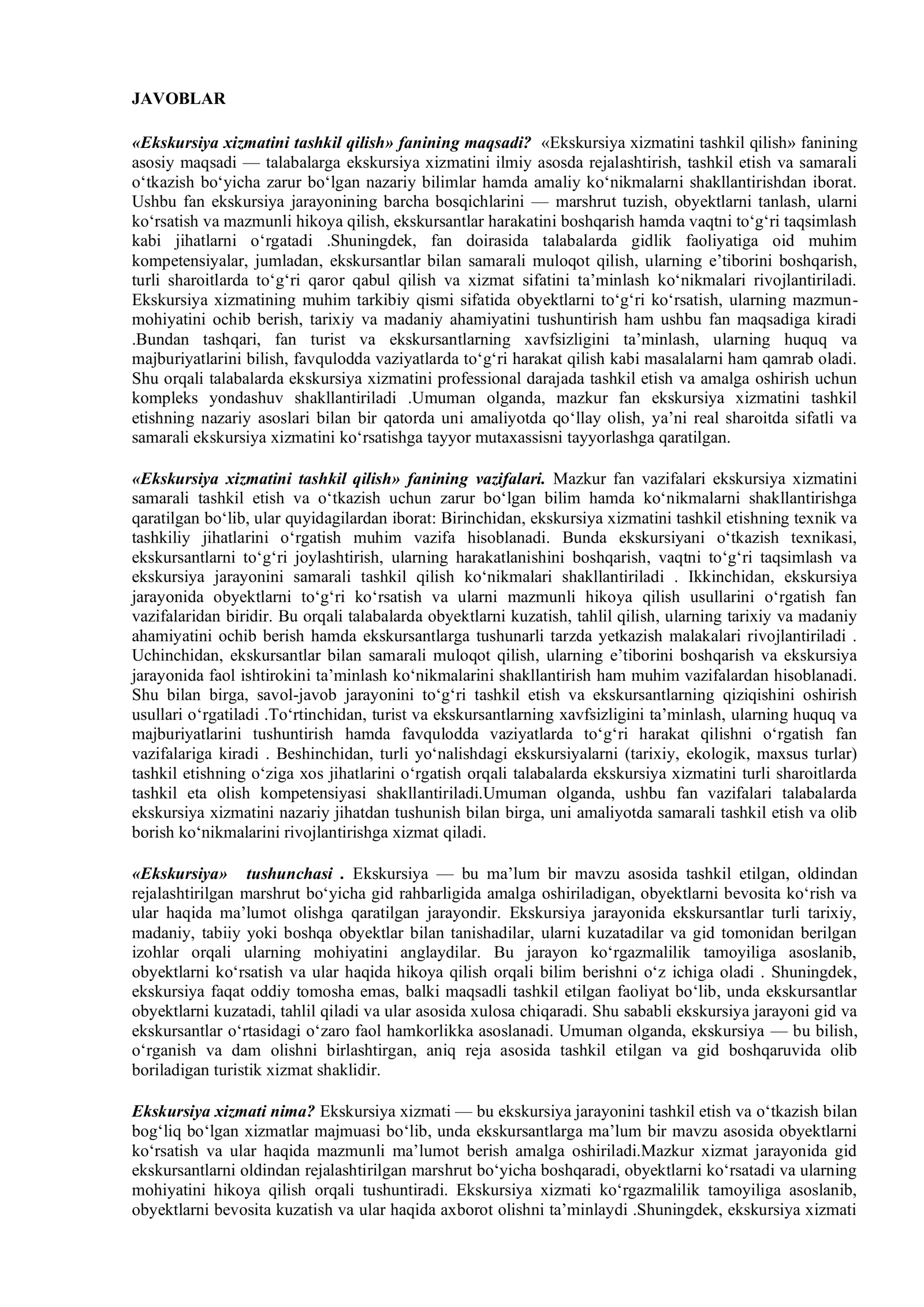 Ekskursiya xizmatini tashkil qilish