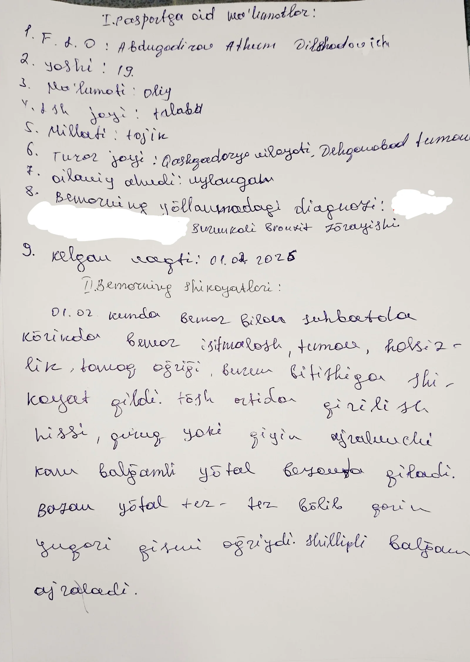 kasallik tarixi oʻtkir va surunkali bronxit IKP