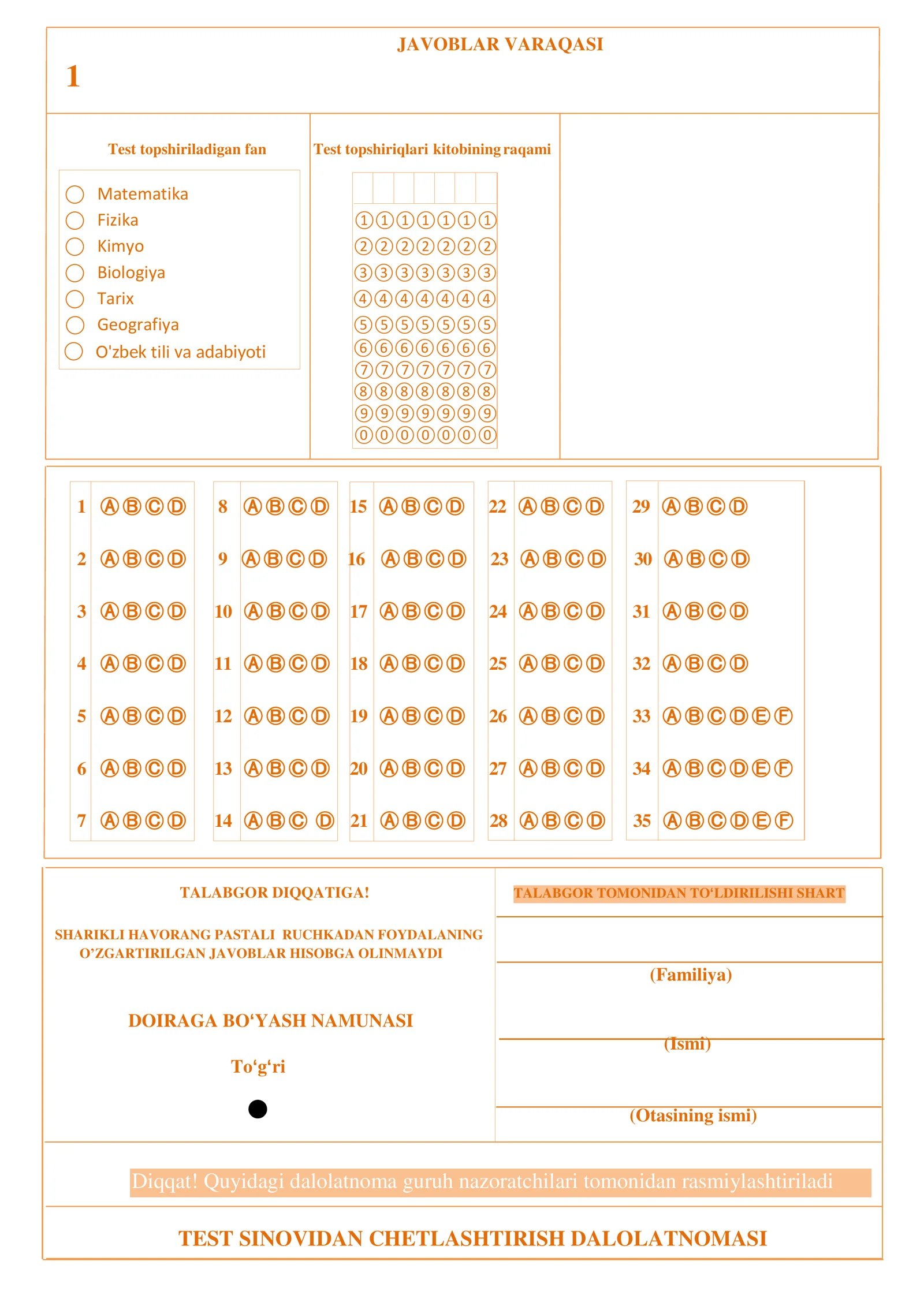 🧪 Milliy Sertifikat Javoblar Varaqasi (Answer Sheet)