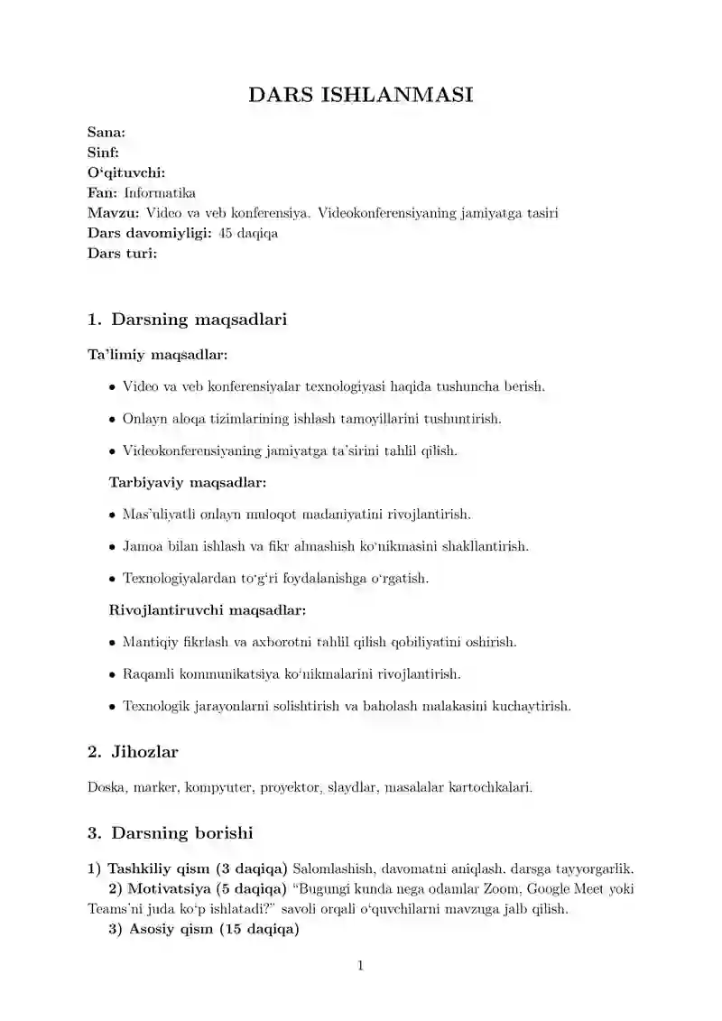 Video va veb konferensiya. Videokonferensiyaning jamiyatga tasiri ( Dars ishlanmasi )