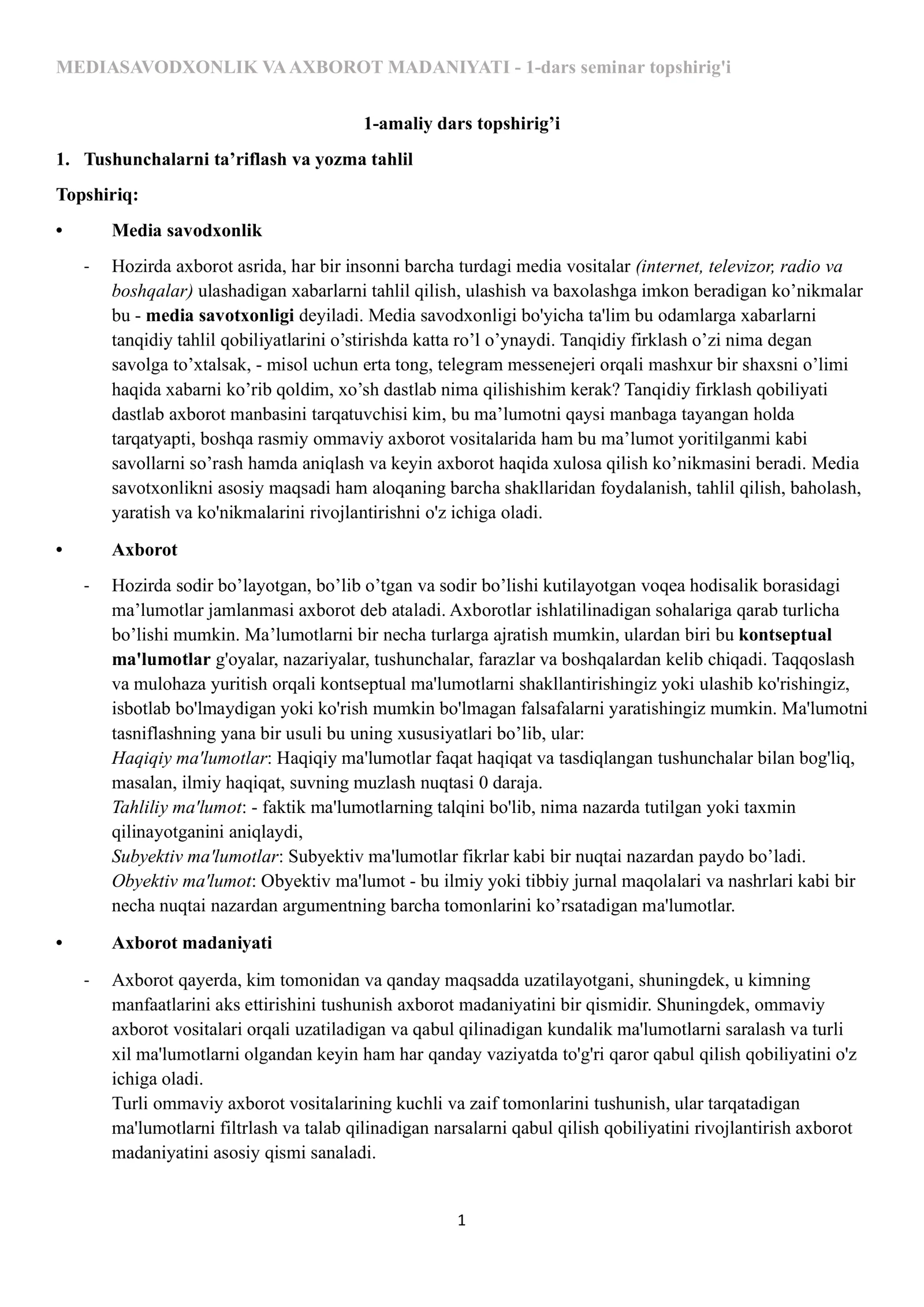 MEDIASAVODXONLIK VA AXBOROT MADANIYATI amaliy topshiriq