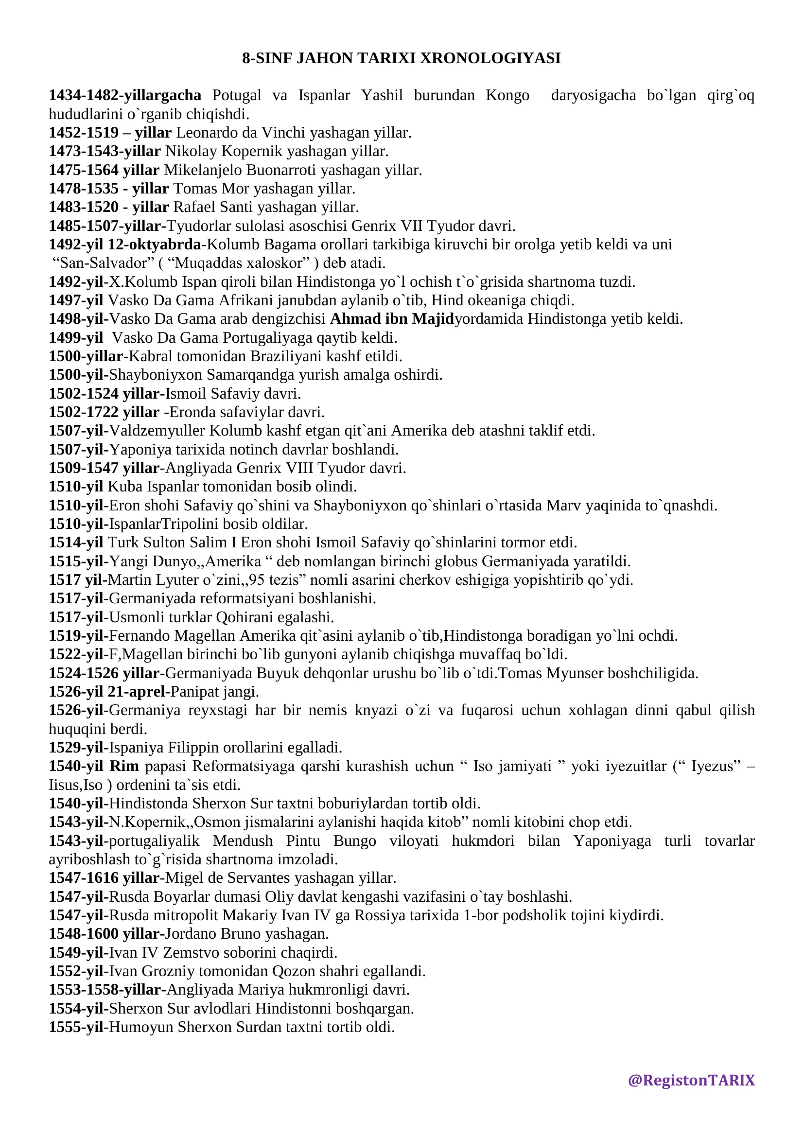 8-SINF JAHON TARIXI XRONOLOGIYASI
