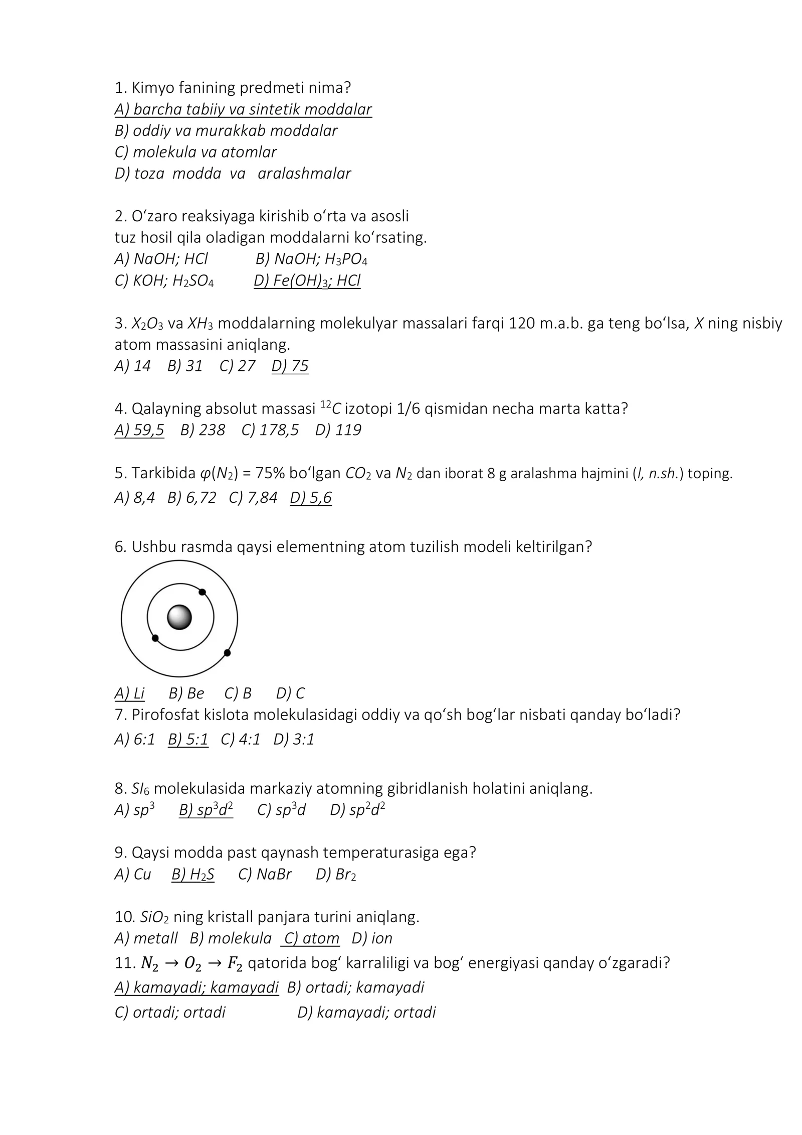 Kimyo test 2026