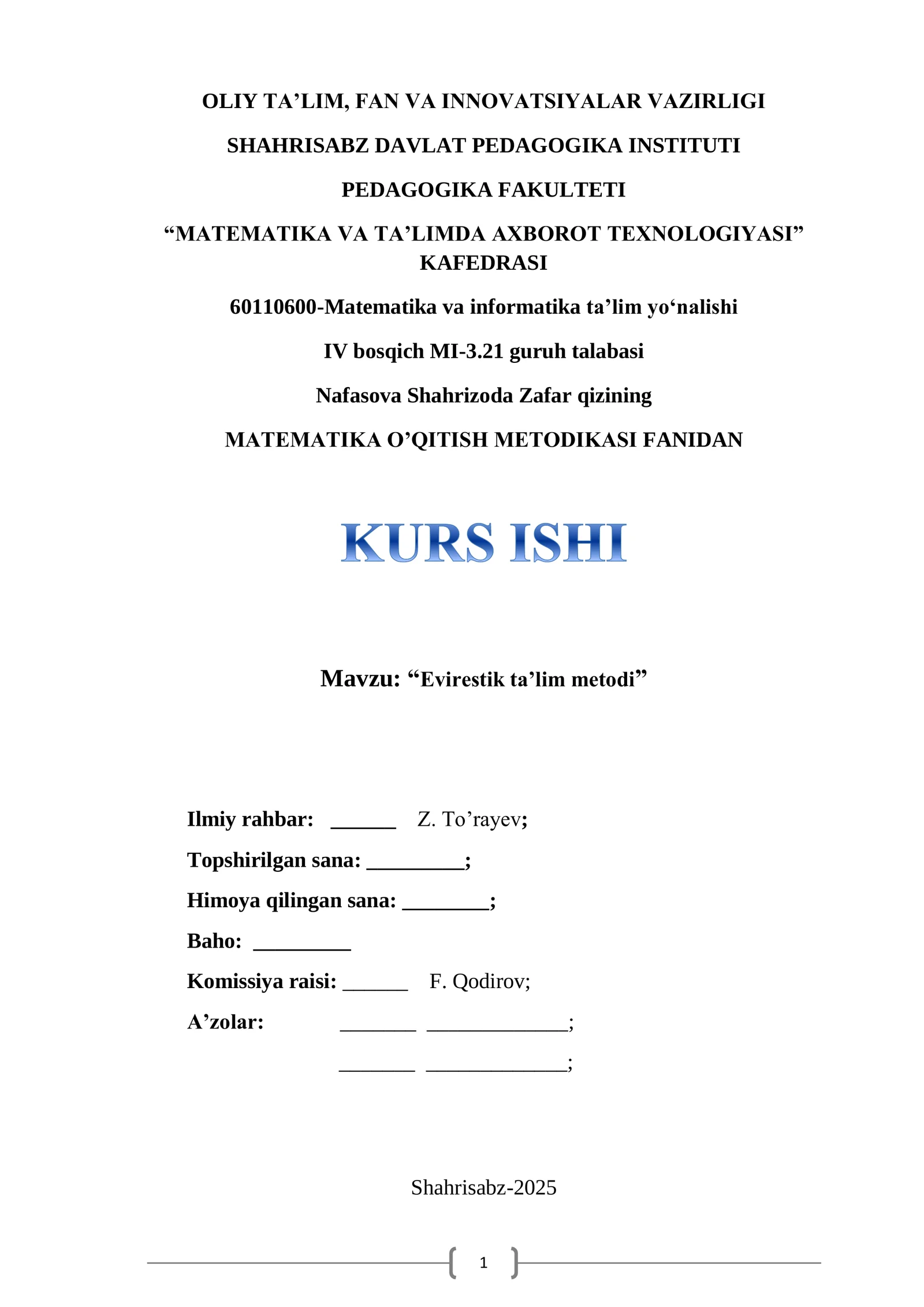 MATEMATIKA O‘QITISH METODIKASI FANIDAN KURS ISHI