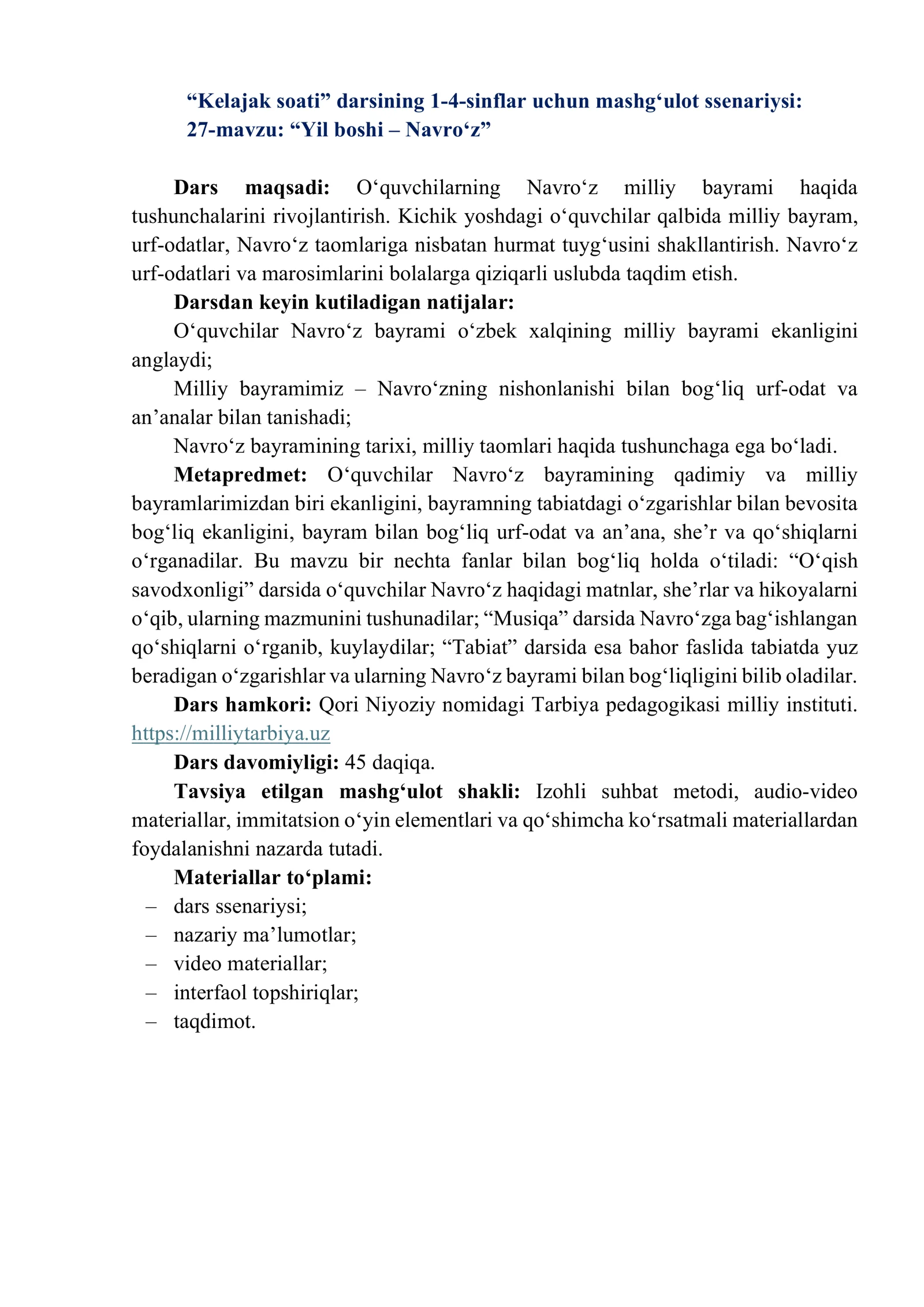 "Kelajak soati" darsining 1-4-sinflar uchun mashg‘ulot ssenariysi