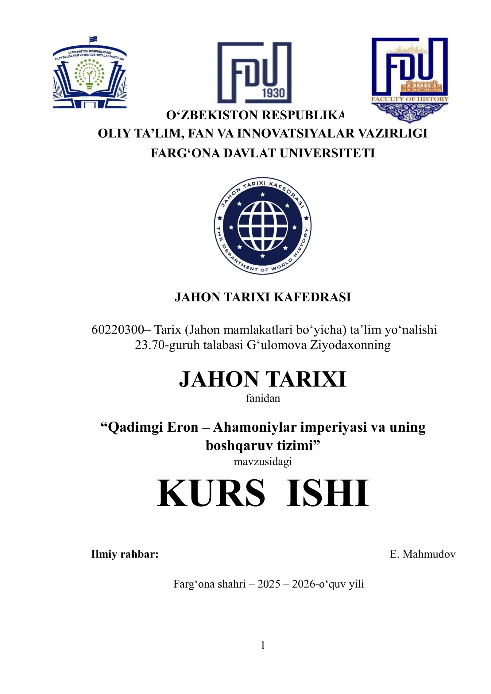 "Qadimgi Eron – Ahamoniylar imperiyasi va uning boshqaruv tizimi" kurs ishi