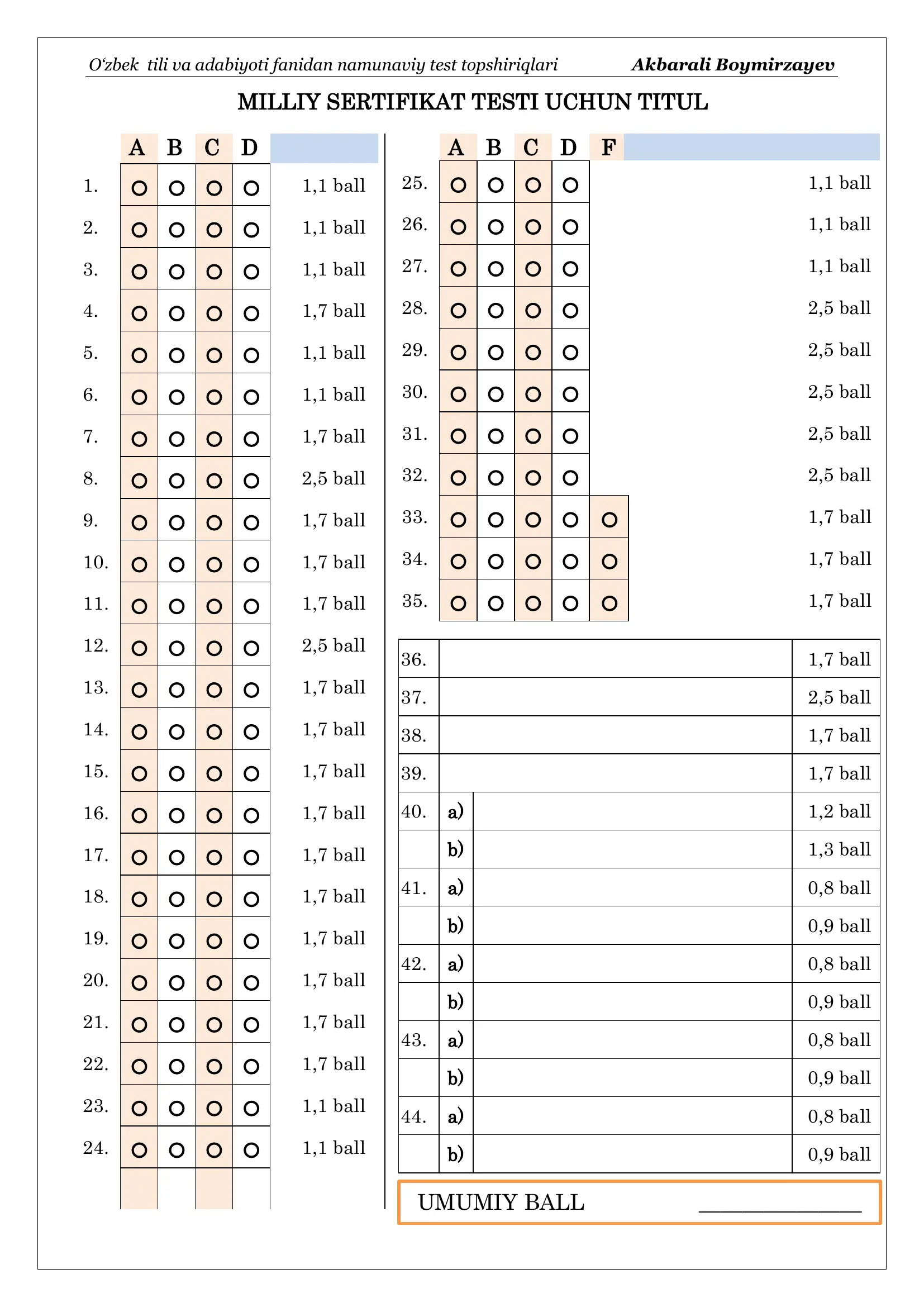 O‘zbek tili va adabiyoti fanidan titul milliy sertifikat