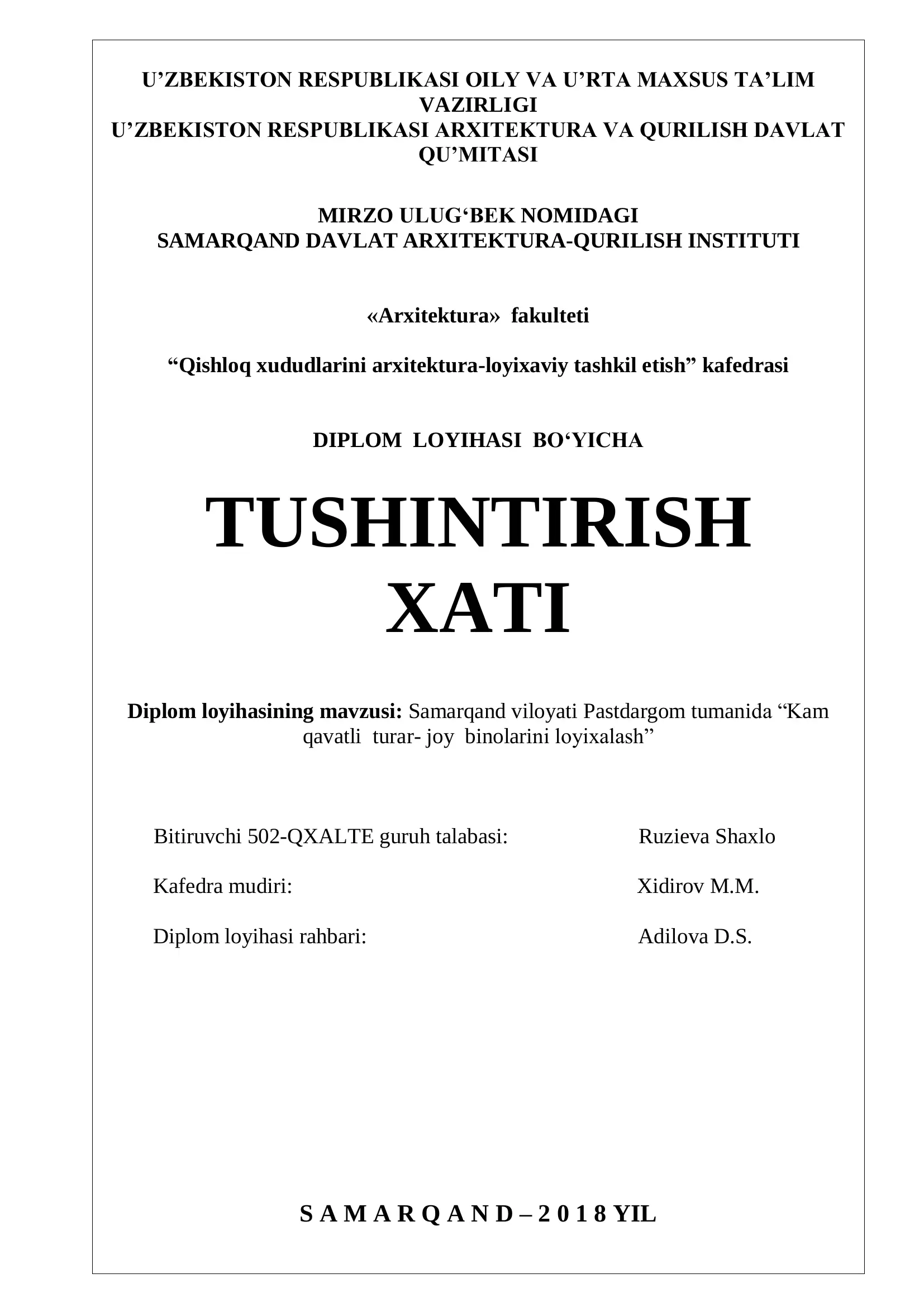 Diplom loyihasi "Kam qavatli turar-joy binolarini loyixalash"