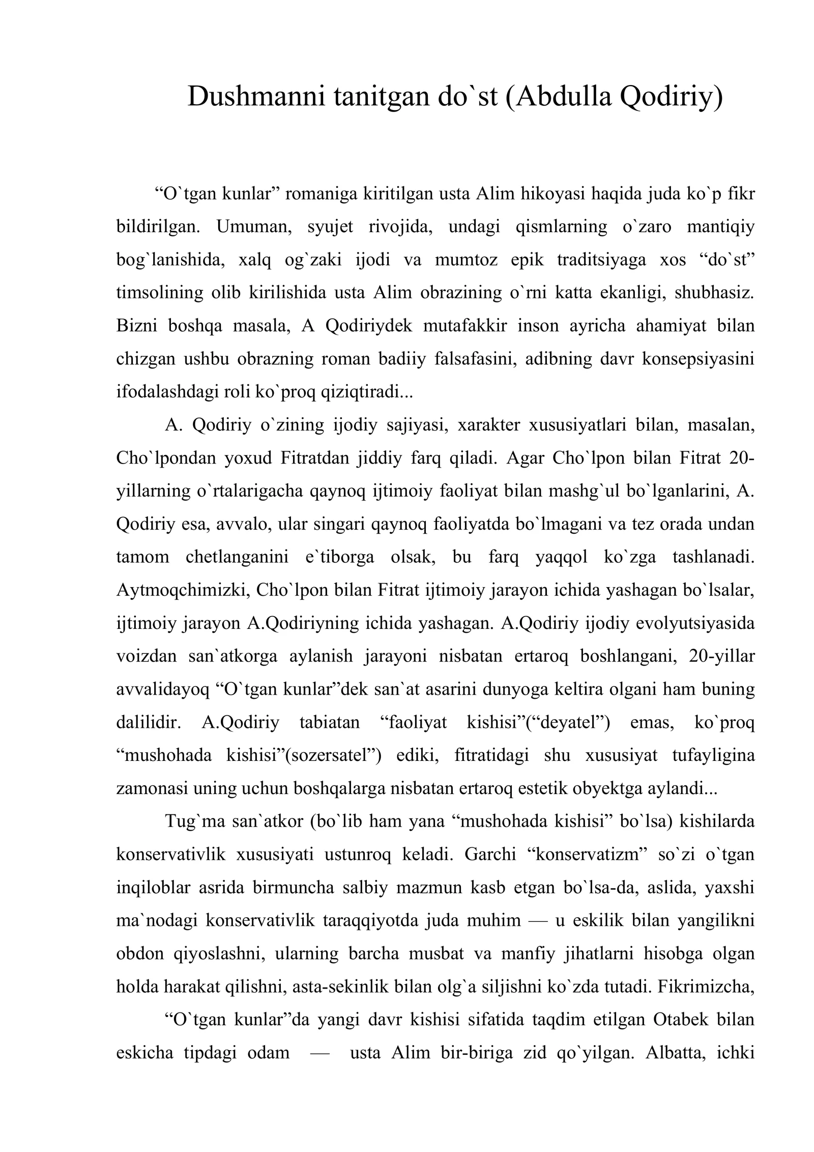 Dushmanni tanitgan do`st (Abdulla Qodiriy)