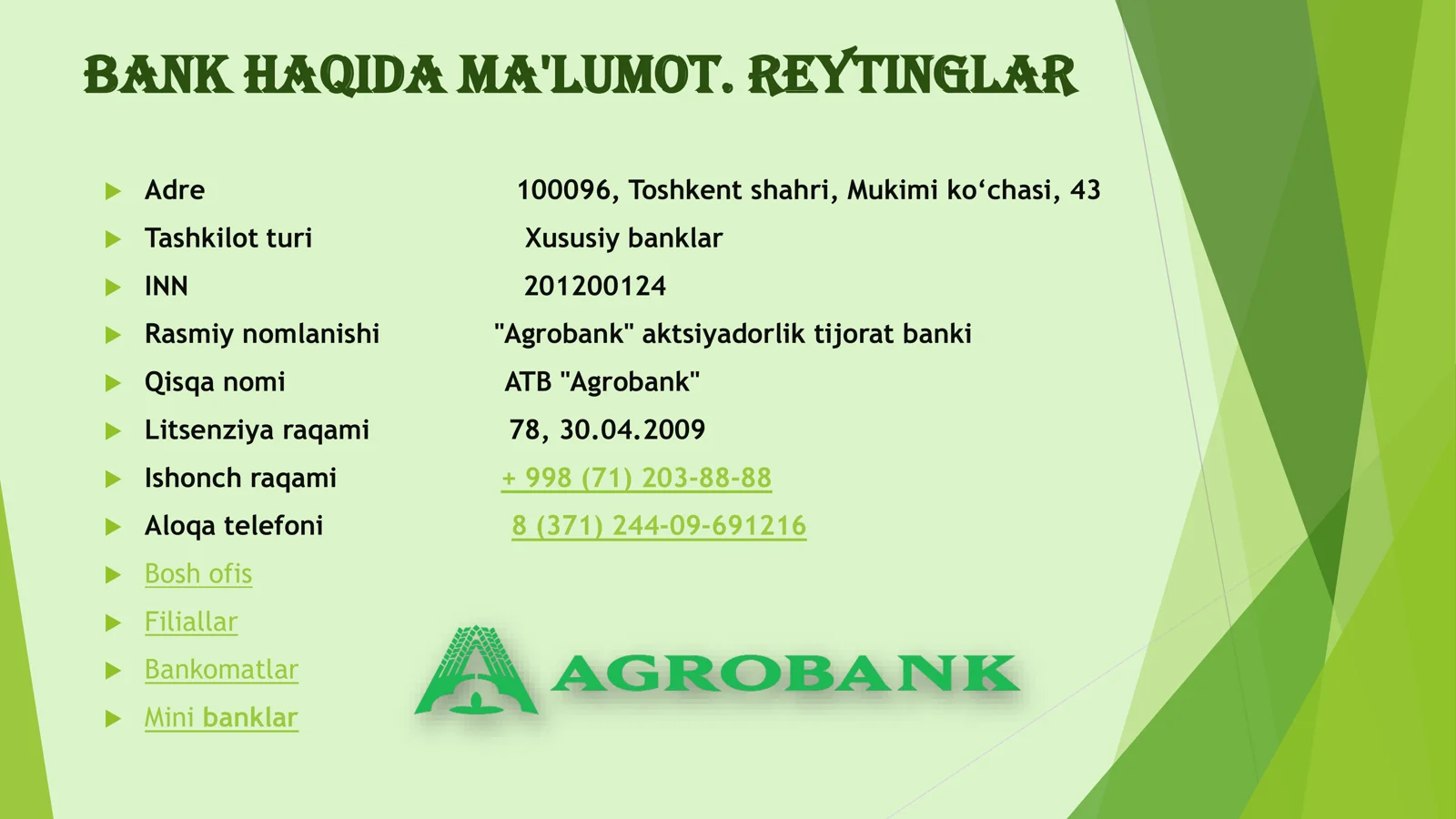 AGROBANK DENOV FILIALI HAQIDA MA'LUMOT. REYTINGLAR