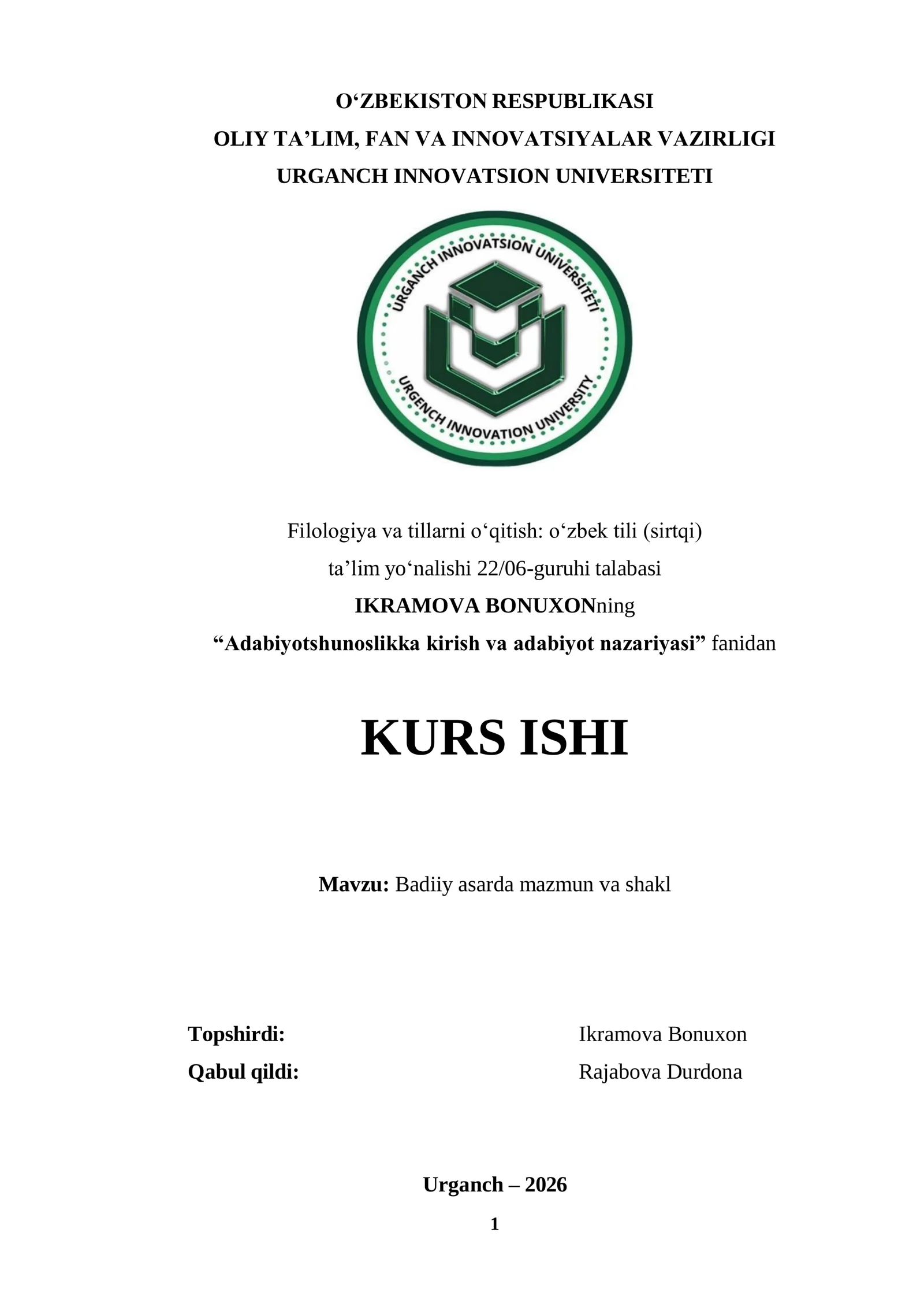 Badiiy asarda mazmun va shaklning nazariy asoslari