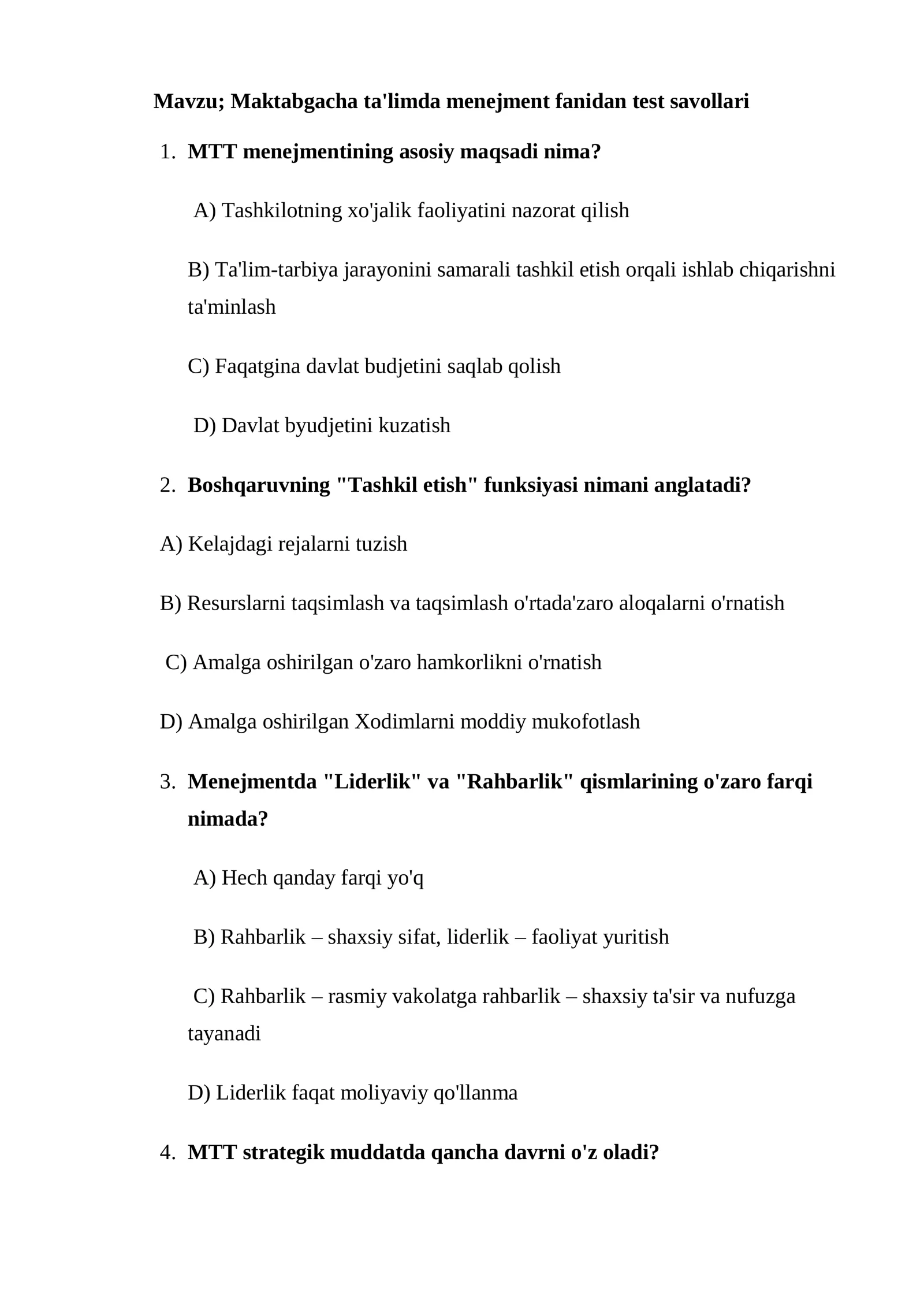 Maktabgacha ta'limda menejment fanidan test savollari