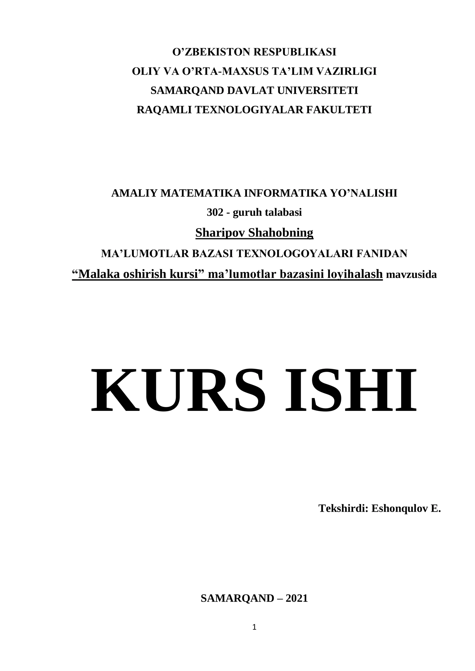 Malaka oshirish kursi ma'lumotlar bazasini loyihalash
