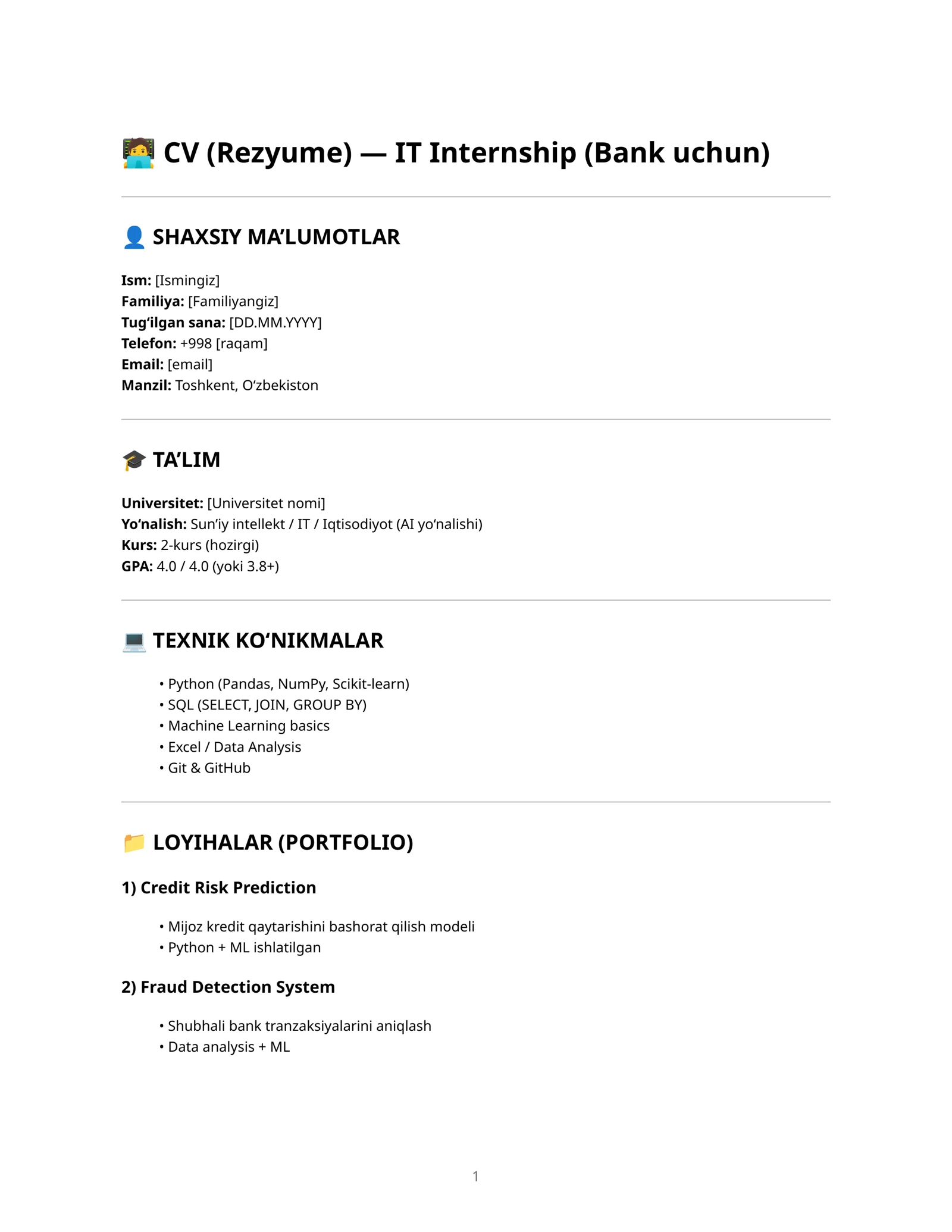 IT Internship (Bank uchun)