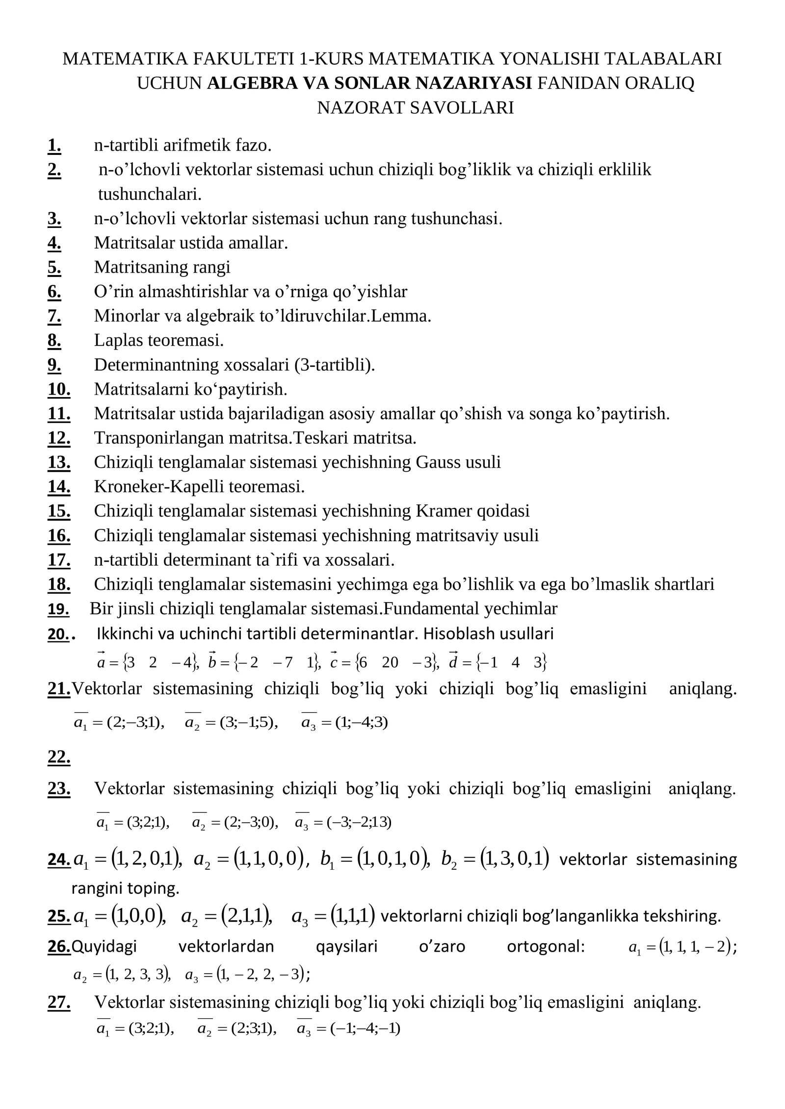 ALGEBRA VA SONLAR NAZARIYASI FANIDAN ORALIQ NAZORAT SAVOLLARI