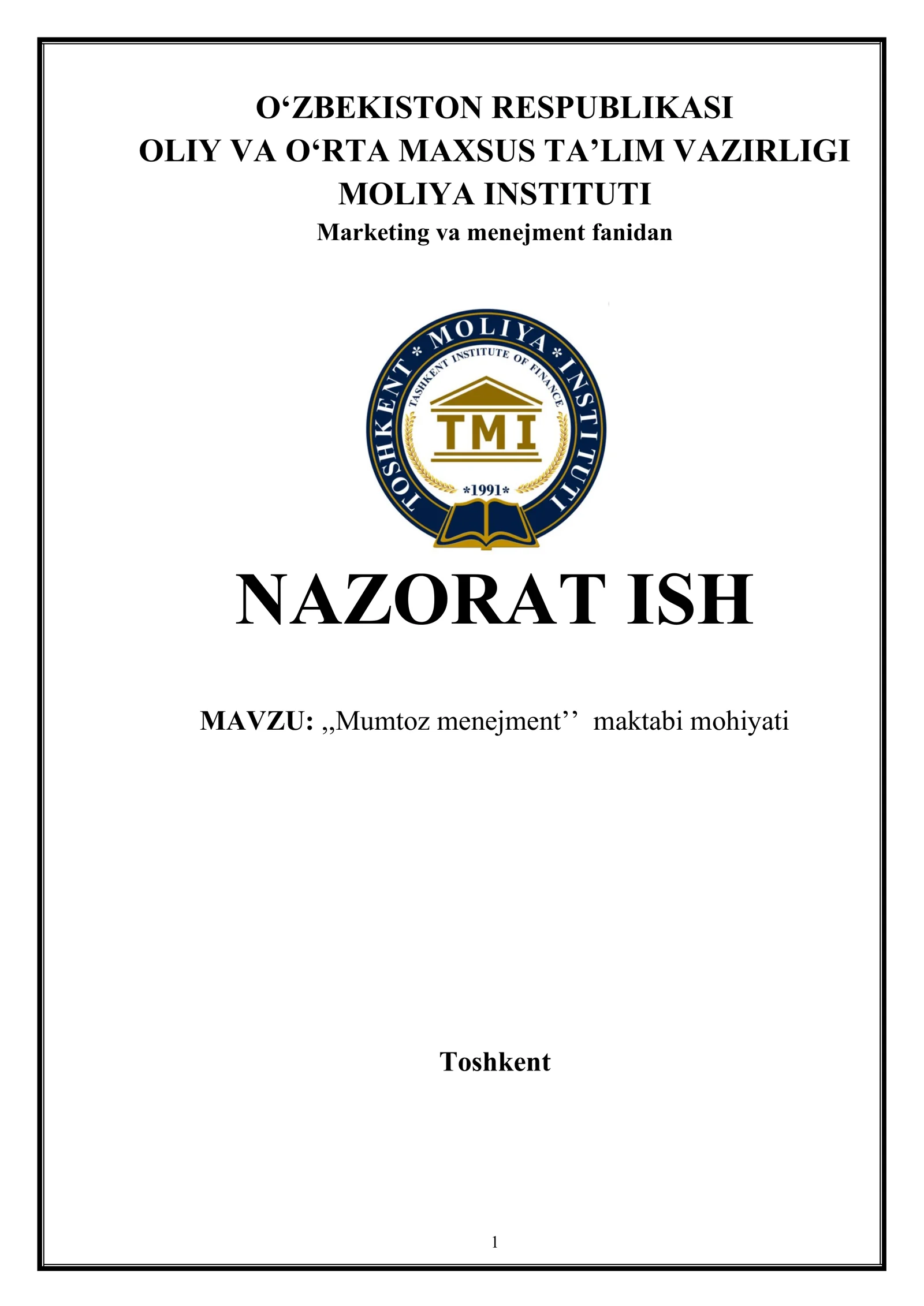 ,,Mumtoz menejment’’ maktabi mohiyati