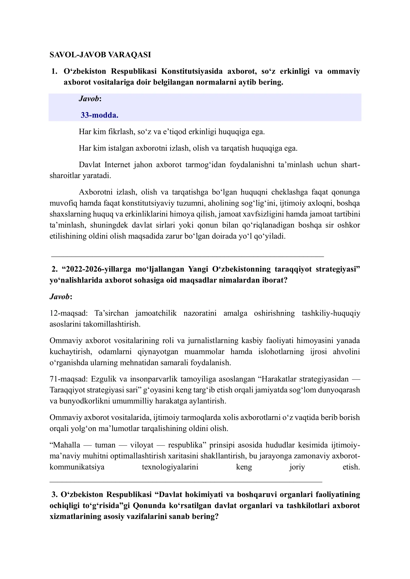 YOSHLAR ISHLARI AGENTLIGI AXBOROT XIZMATI 2026 SUHBAT SAVOL-JAVOB VARAQASI