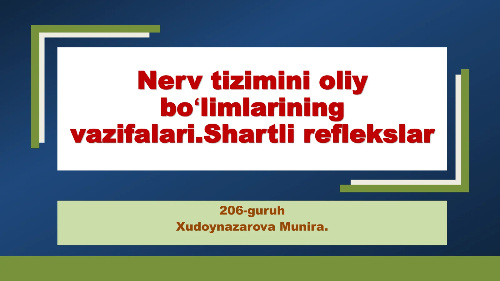 Nerv tizimini oliy boʻlimlarining vazifalari.Shartli reflekslar