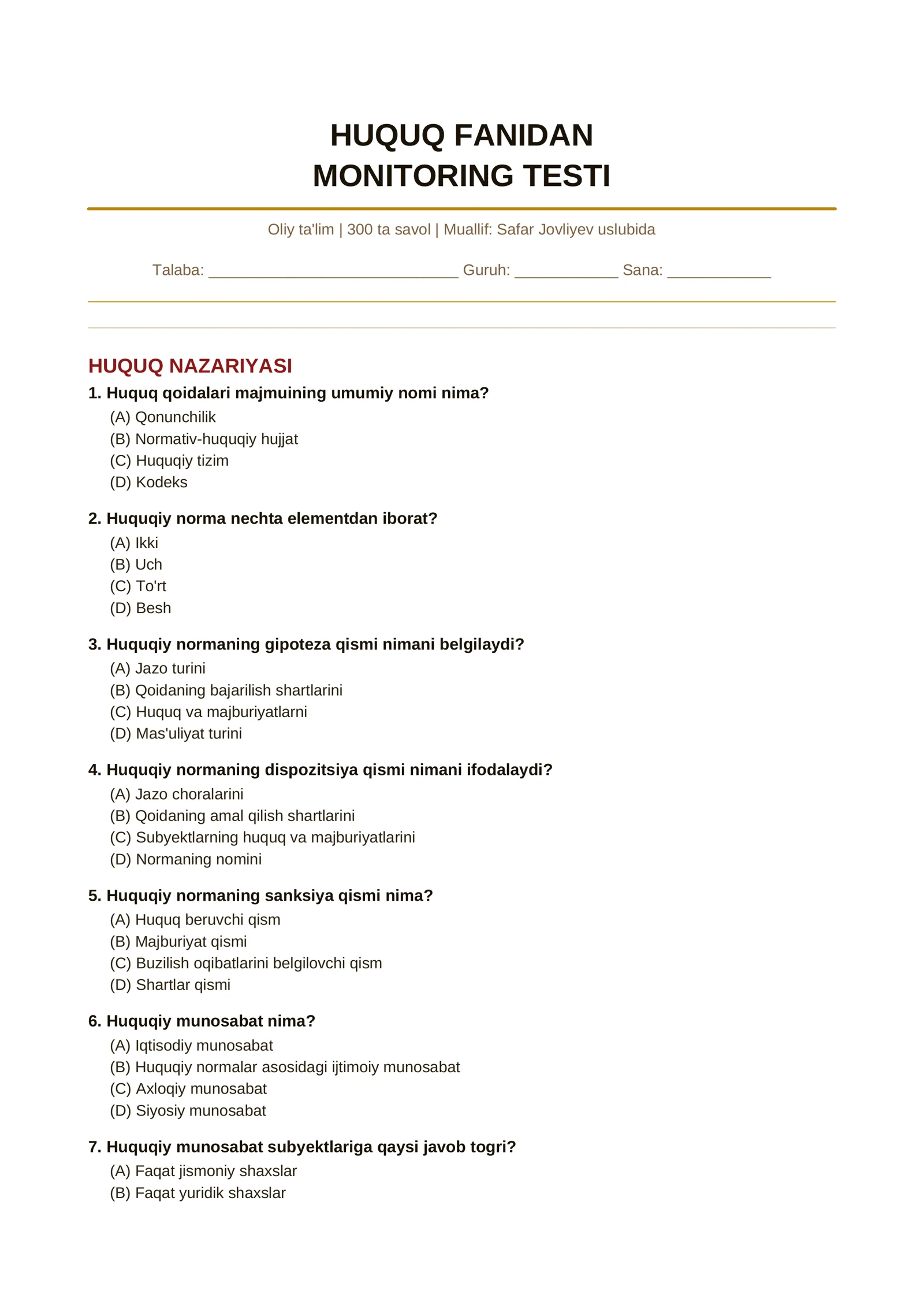 HUQUQ FANIDAN MONITORING TESTI