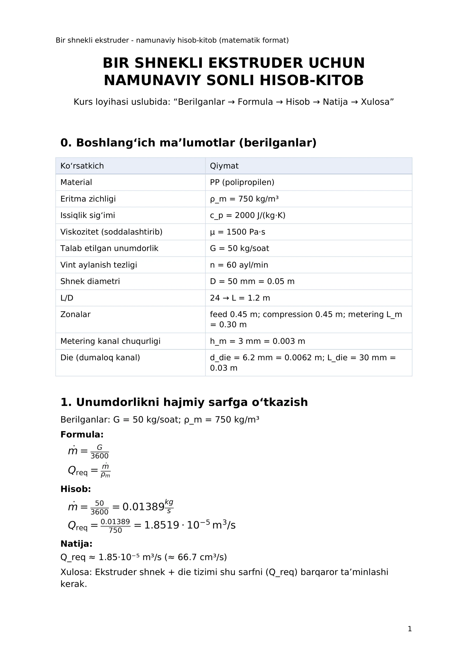 Bir shnekli ekstruder - namunaviy hisob-kitob (matematik format)
