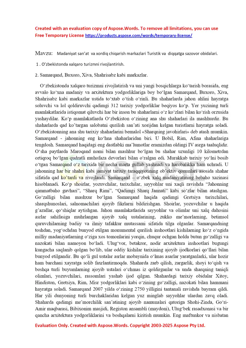 Madaniyat san’at va xordiq chiqarish markazlari. Turistik va diqqatga sazovor obidalar