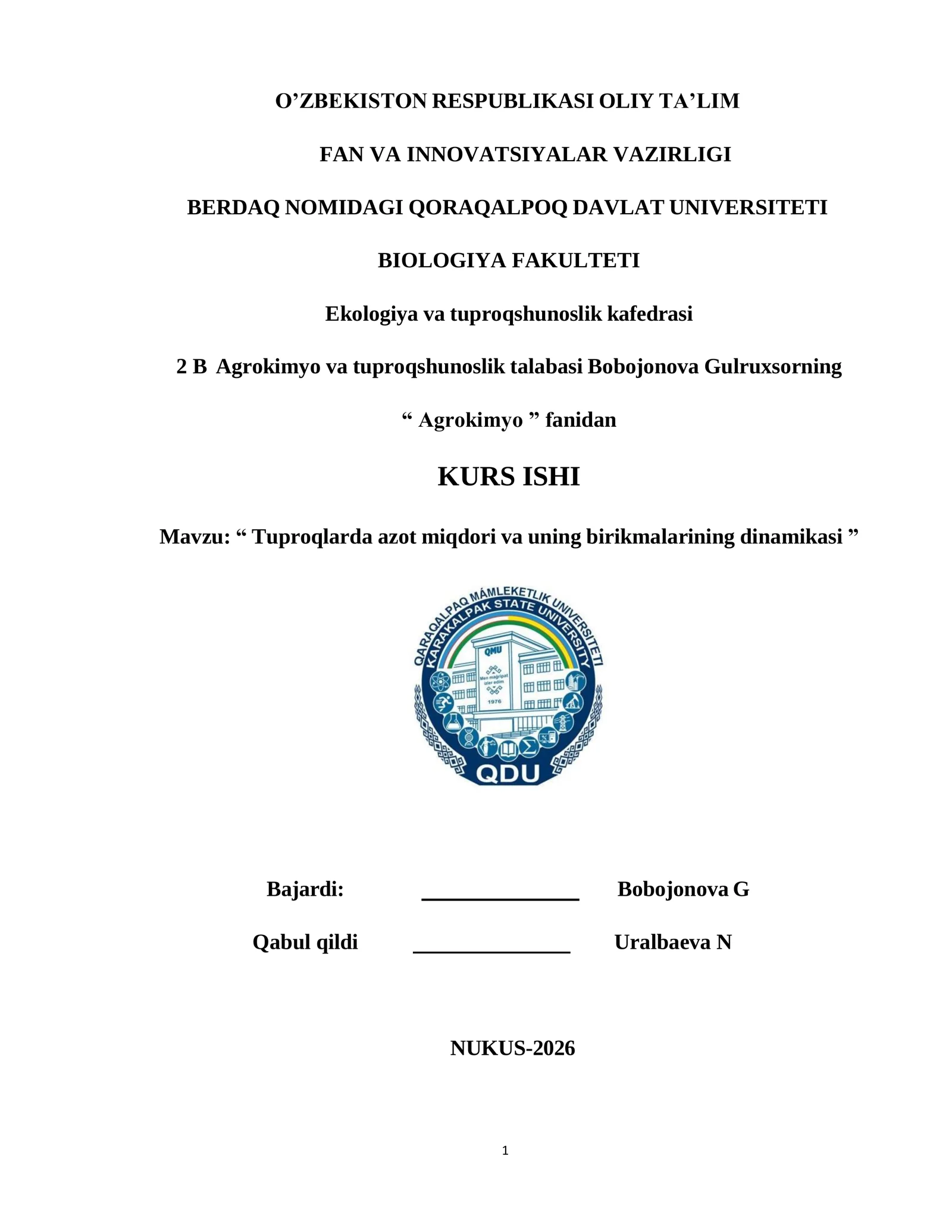 Tuproqlarda azot miqdori va uning birikmalarining dinamikasi